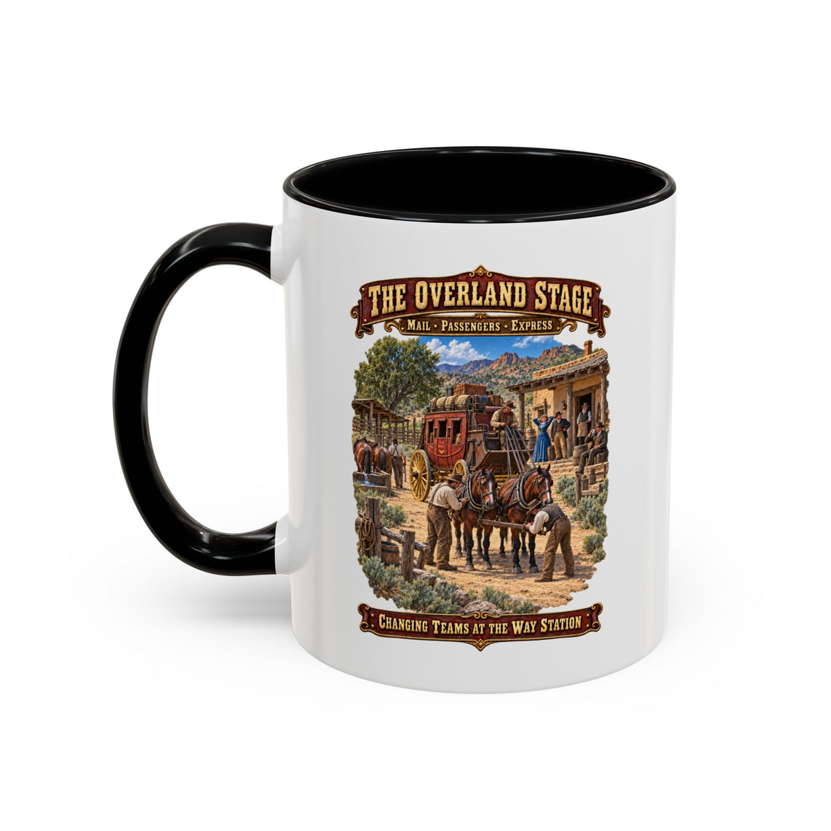 Accent Coffee Mug (11, 15oz) - Overland Stage - Changing Teams at the Way Station - 3D - Enhanced