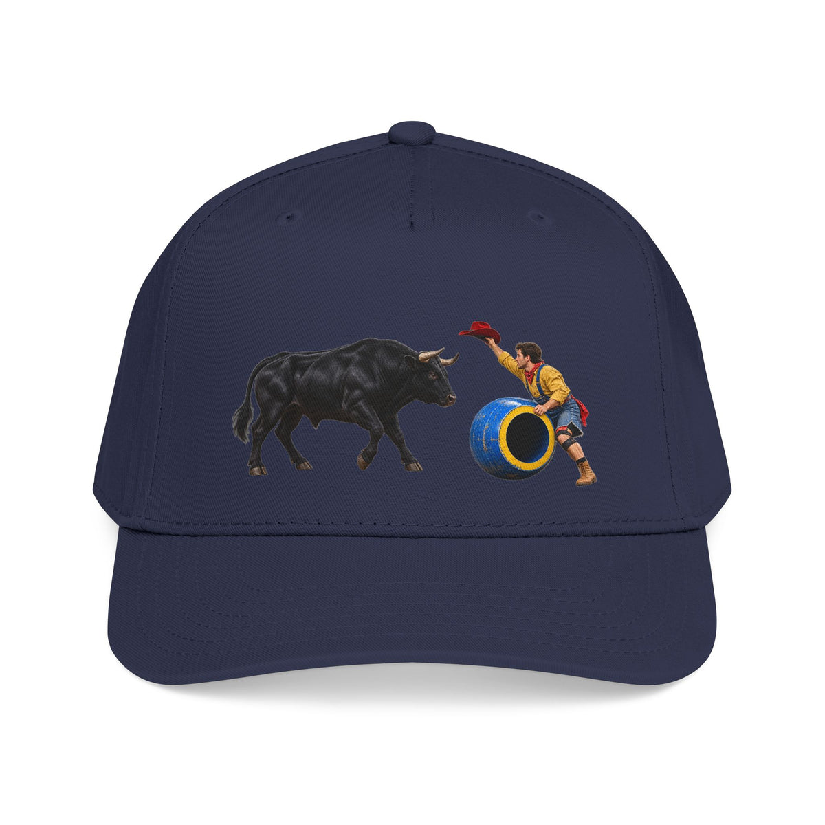 Mid Profile Baseball Cap — Cowboys - Clown Teasing Bull, Barrel - 3D Transparent
