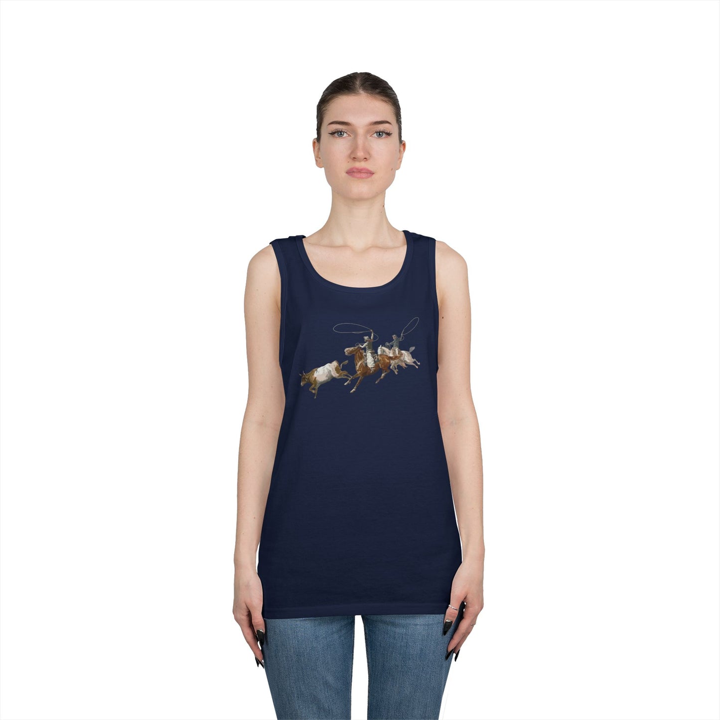 Unisex Heavy Cotton Tank Top - 2 Cowboys Roping 1 Longhorn X 300
