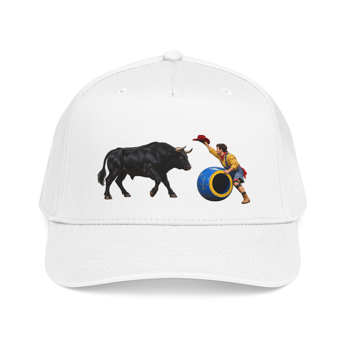 Mid Profile Baseball Cap — Cowboys - Clown Teasing Bull, Barrel - 3D Transparent