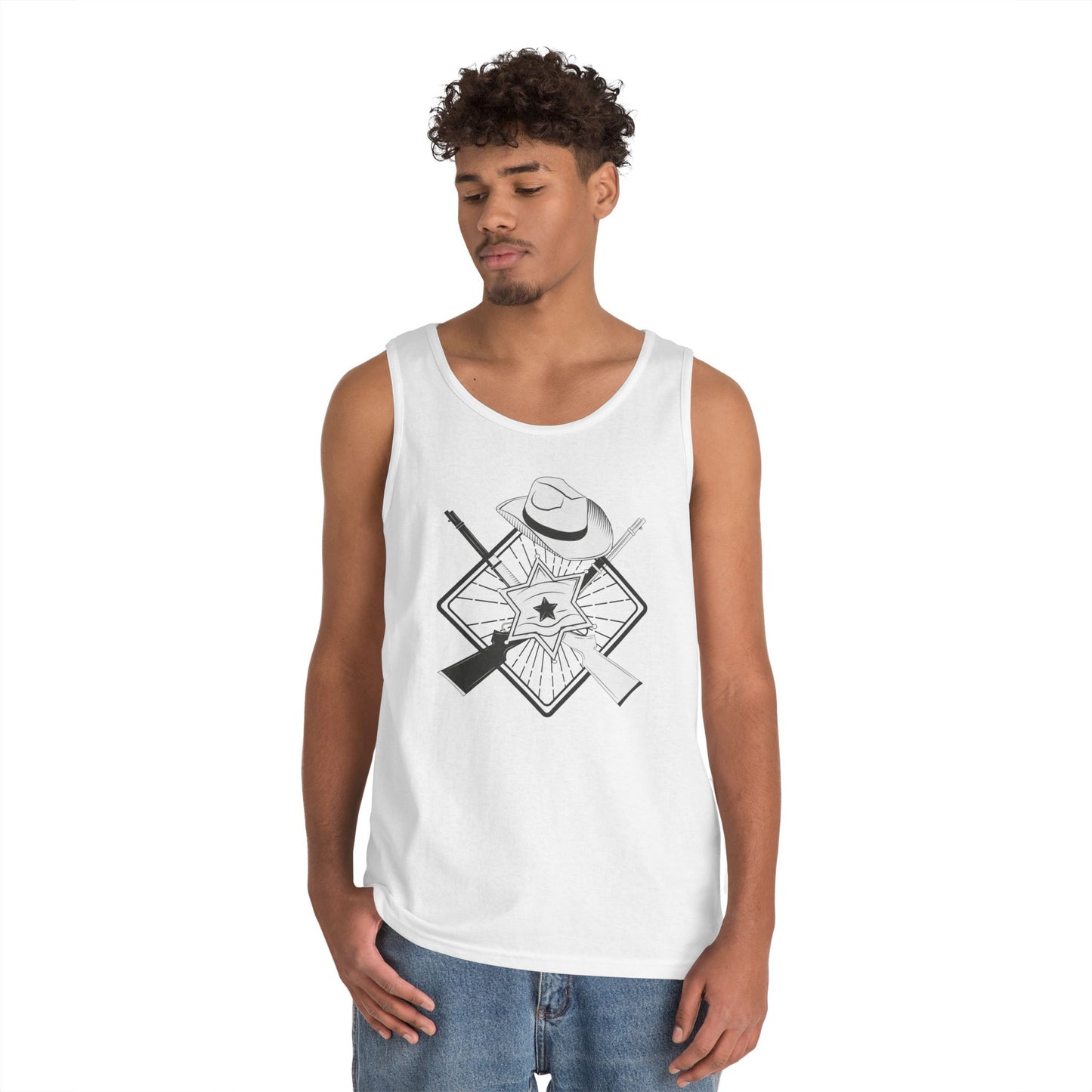 Unisex Heavy Cotton Tank Top - Vintage Cowboy w Rifles and Hat