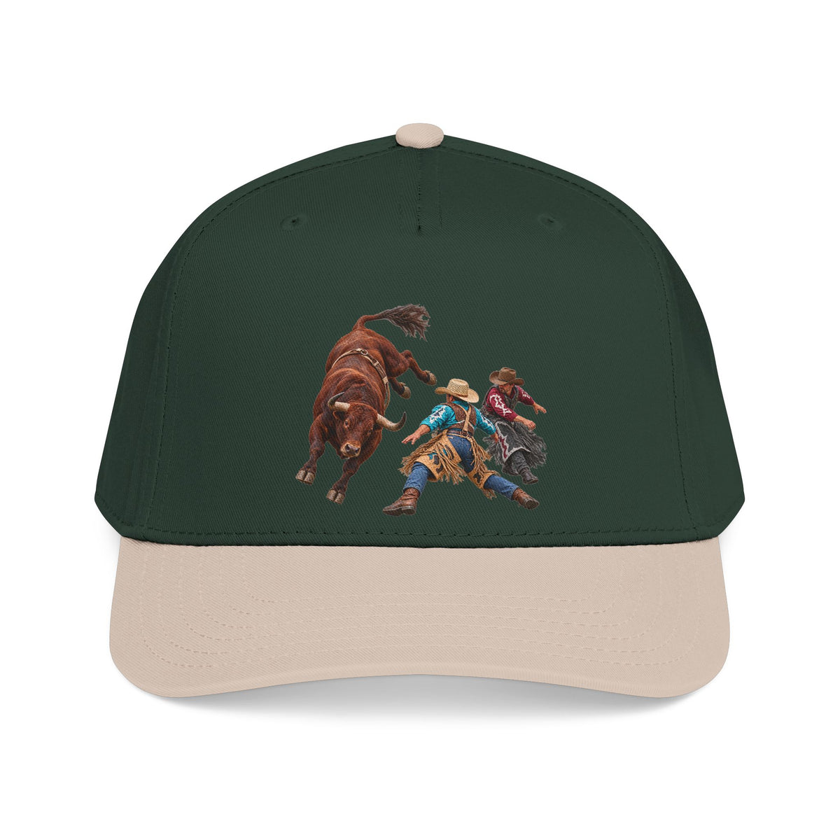 Mid Profile Baseball Cap — Cowboys - Clowns and Brown Bull - without Text - 3D Transparent