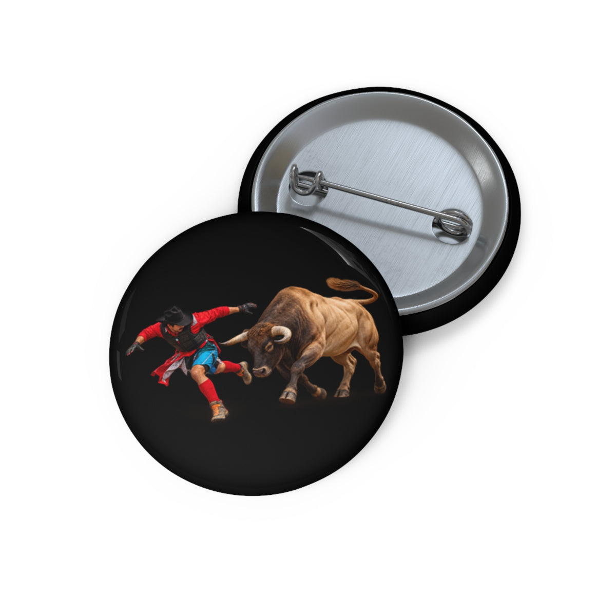 Custom Pin Buttons - Cowboys - Bull Chasing Clown - Ground Shadow - without Text - 3D Transparent
