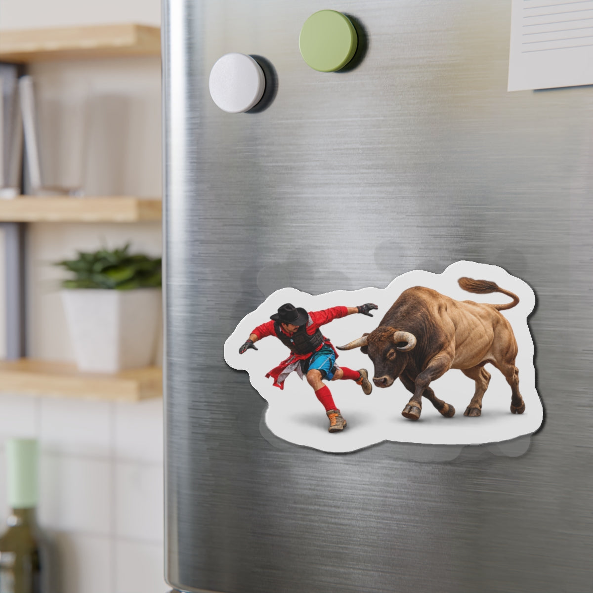 Die-Cut Magnets — Cowboys - Bull Chasing Clown - Ground Shadow - without Text - 3D Transparent