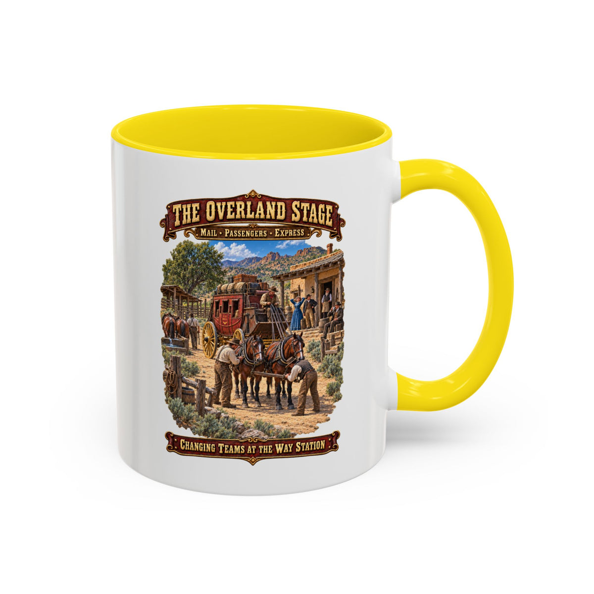 Accent Coffee Mug (11, 15oz) - Overland Stage - Changing Teams at the Way Station - 3D - Enhanced