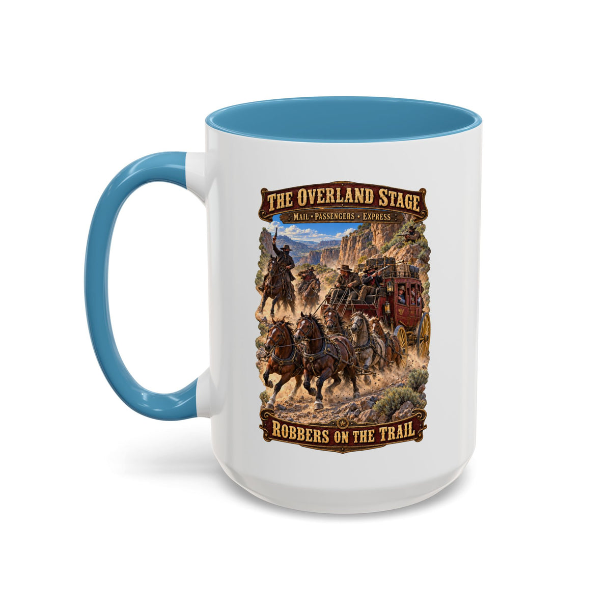 Accent Coffee Mug (11, 15oz) - Overland Stage - Robbers on the Trail - 3D - Enhanced