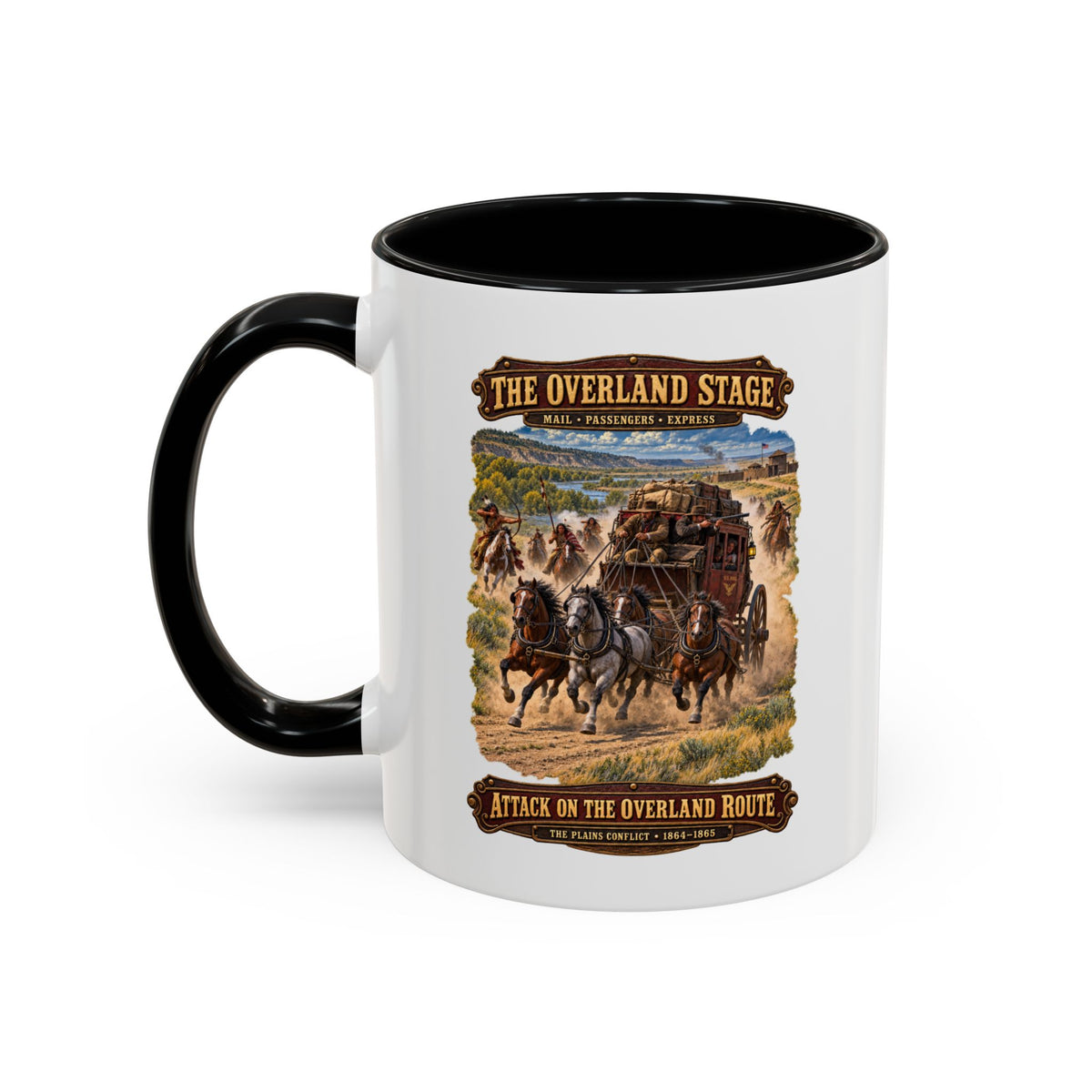 Accent Coffee Mug (11, 15oz) - Overland Stage - Indian Attack on the Trail - 3D - Enhanced
