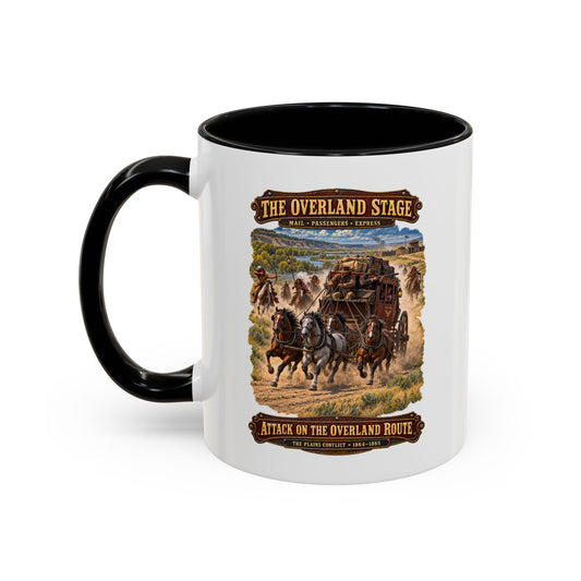 Accent Coffee Mug (11, 15oz) - Overland Stage - Indian Attack on the Trail - 3D - Enhanced