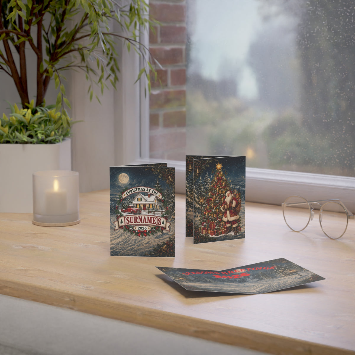 Personalized Christmas Cottage with Vintage Truck Greeting Card | Holiday Card 2026