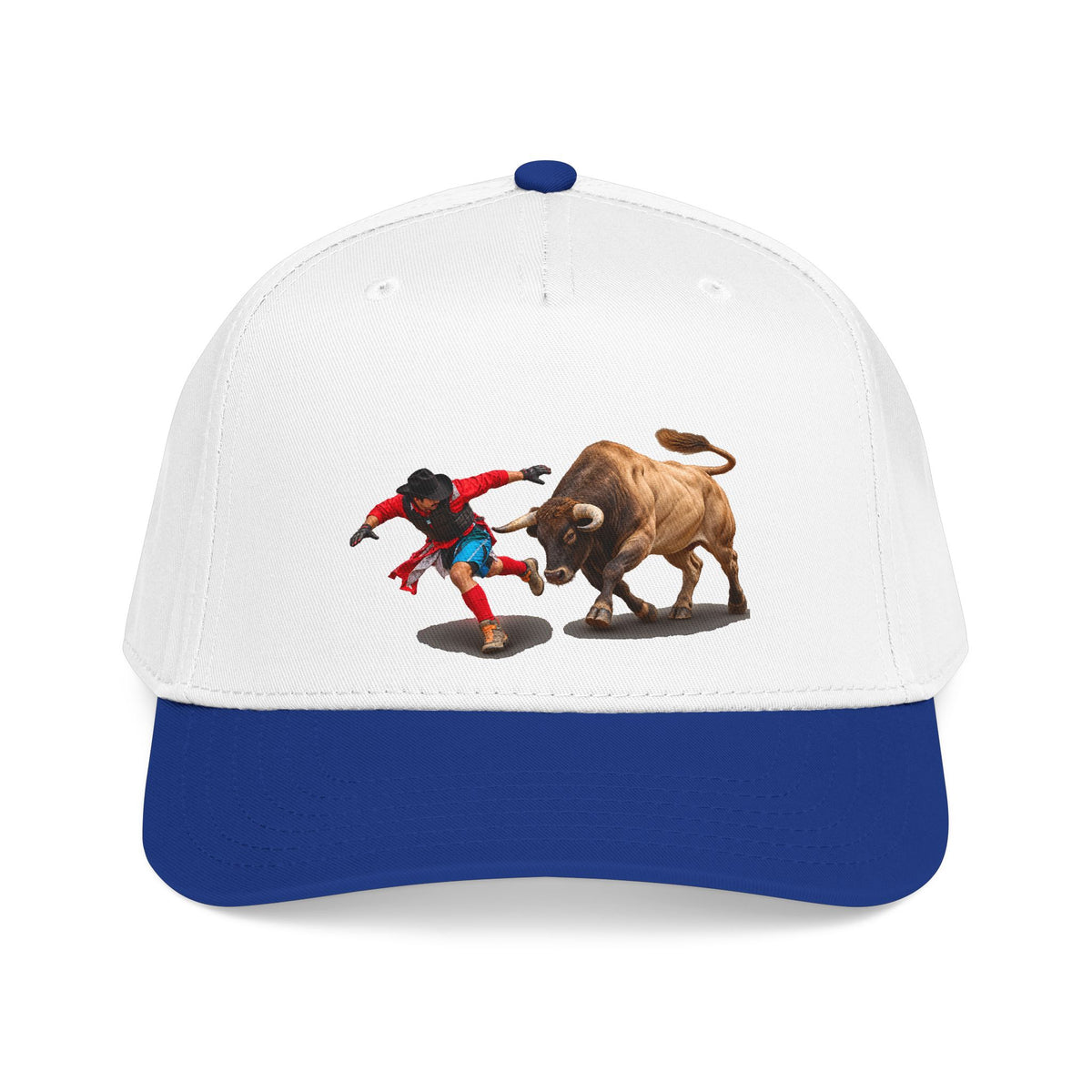 Mid Profile Baseball Cap — Cowboys - Bull Chasing Clown - Ground Shadow - without Text - 3D Transparent