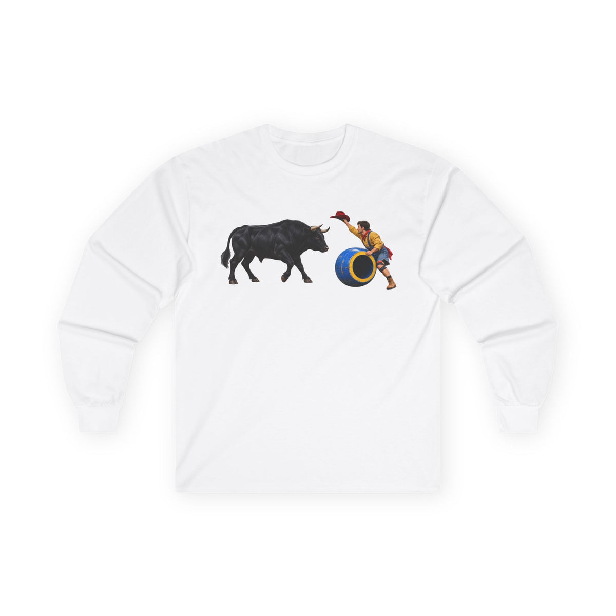 Unisex Ultra Cotton Long Sleeve Tee - Cowboys - Clown Teasing Bull, Barrel - 3D Transparent