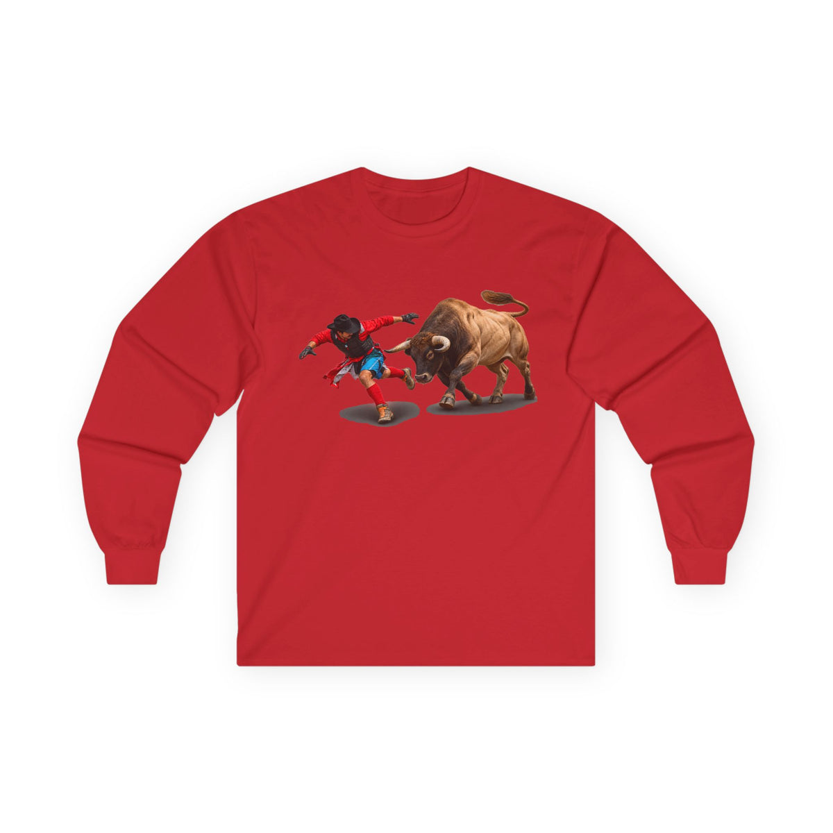 Unisex Ultra Cotton Long Sleeve Tee - Cowboys - Bull Chasing Clown - Ground Shadow - without Text - 3D Transparent