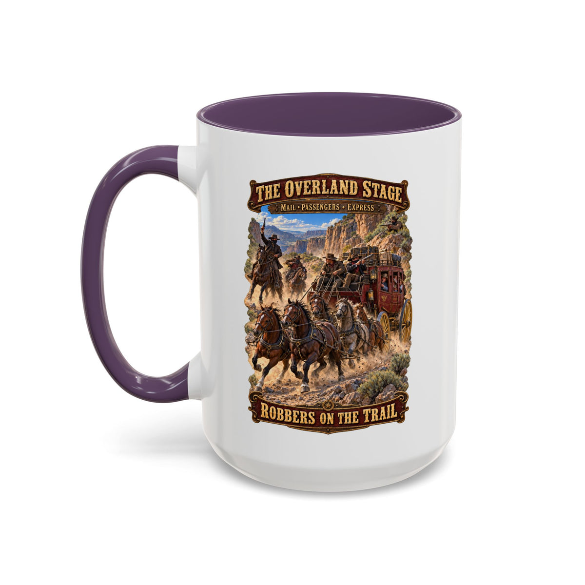 Accent Coffee Mug (11, 15oz) - Overland Stage - Robbers on the Trail - 3D - Enhanced