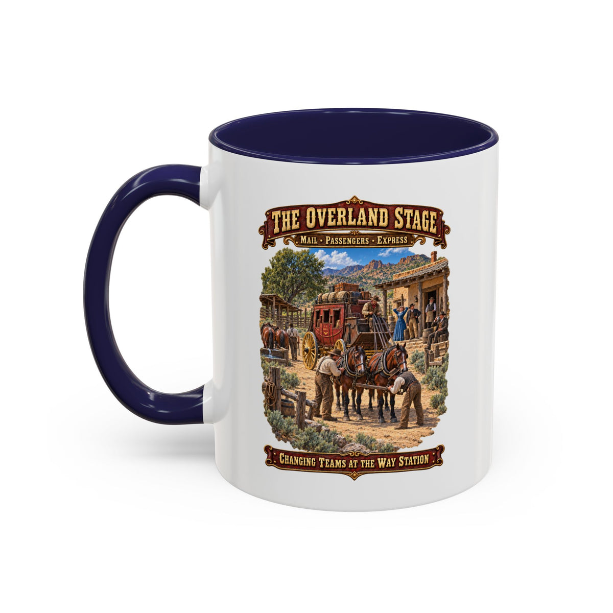 Accent Coffee Mug (11, 15oz) - Overland Stage - Changing Teams at the Way Station - 3D - Enhanced