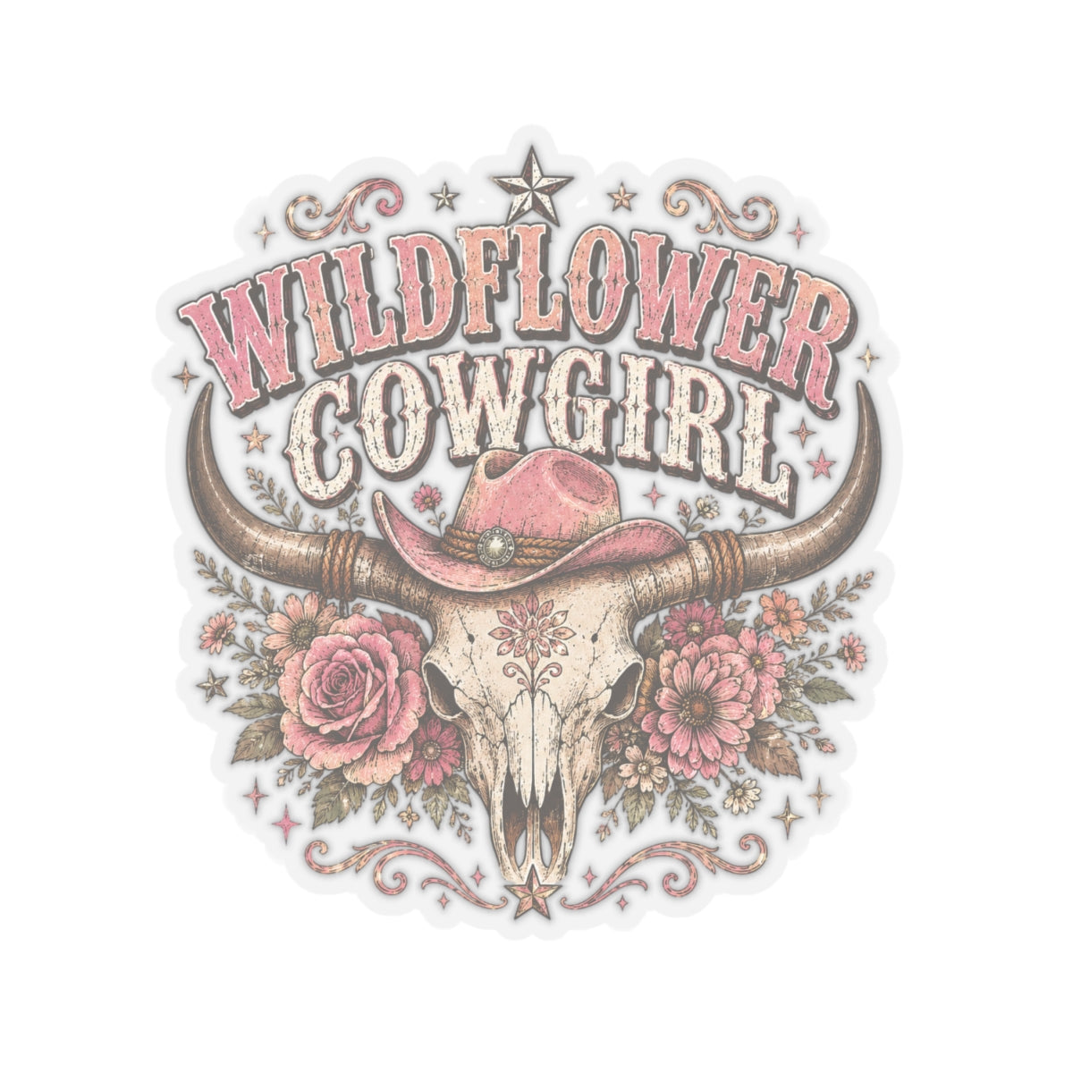 Kiss-Cut Sticker — Wildflower cowgirl with rustic charm