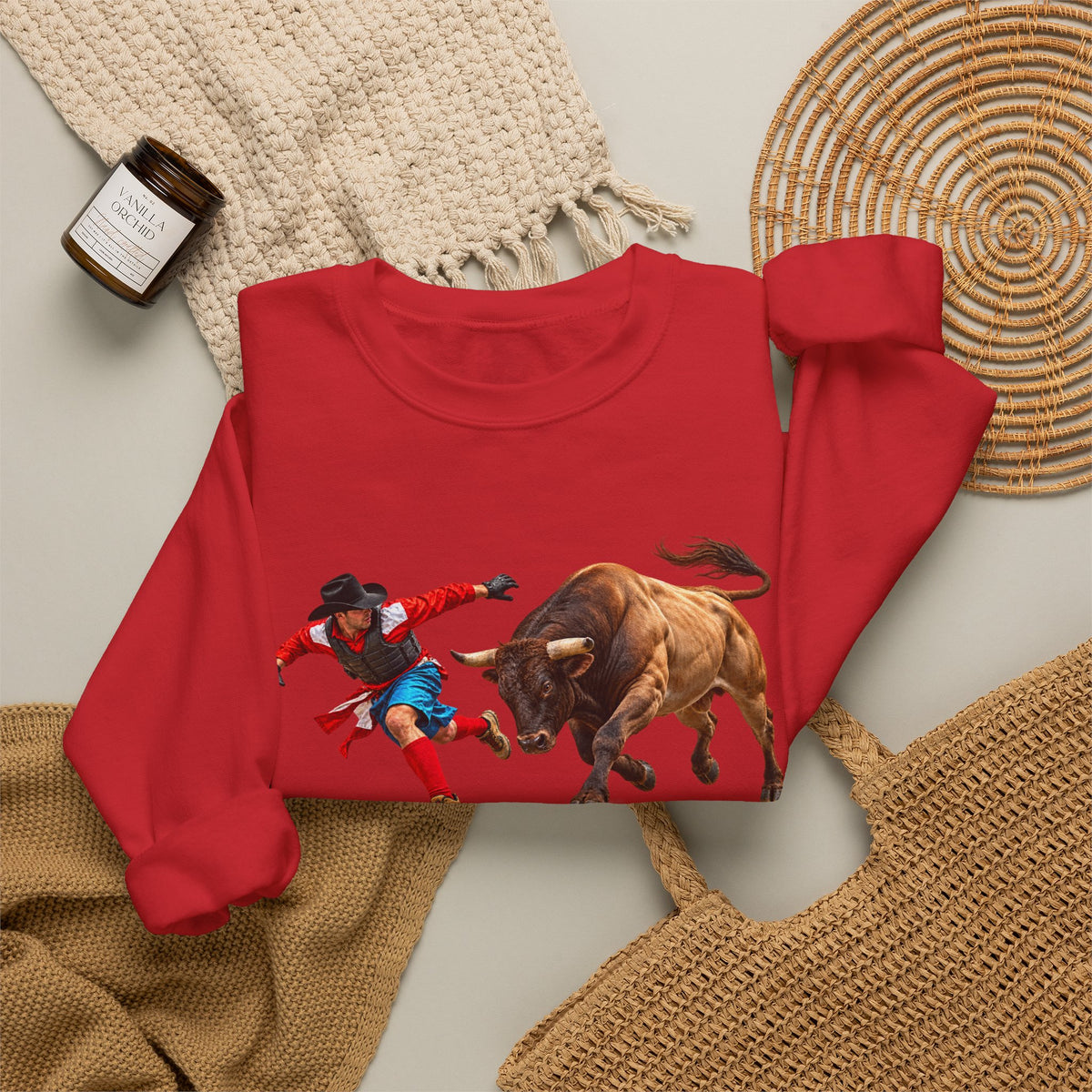 Crewneck Sweatshirt - Cowboys - Bull Chasing Clown - without Text - 3D Transparent