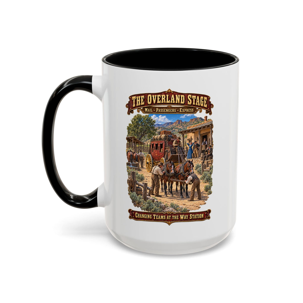 Accent Coffee Mug (11, 15oz) - Overland Stage - Changing Teams at the Way Station - 3D - Enhanced