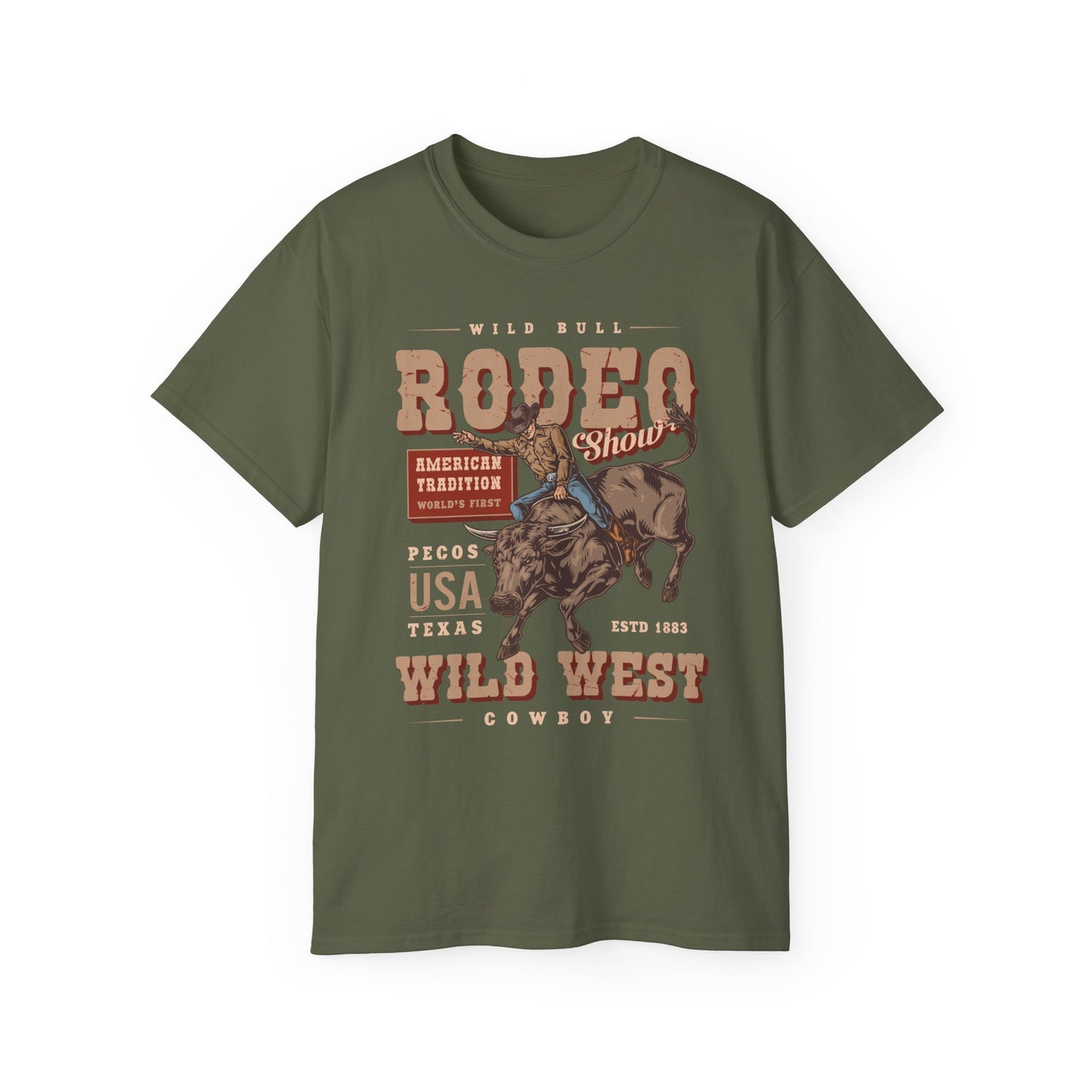 Western Rodeo Cowboy Tee - Fun Casual Shirt for Rodeo Fans, Gift for Country Lovers, Festival Outfit, Everyday Wear, Rodeo Apparel - American Tradition Wild Bull Rodeo Show - Wild West Cowboy, Texas