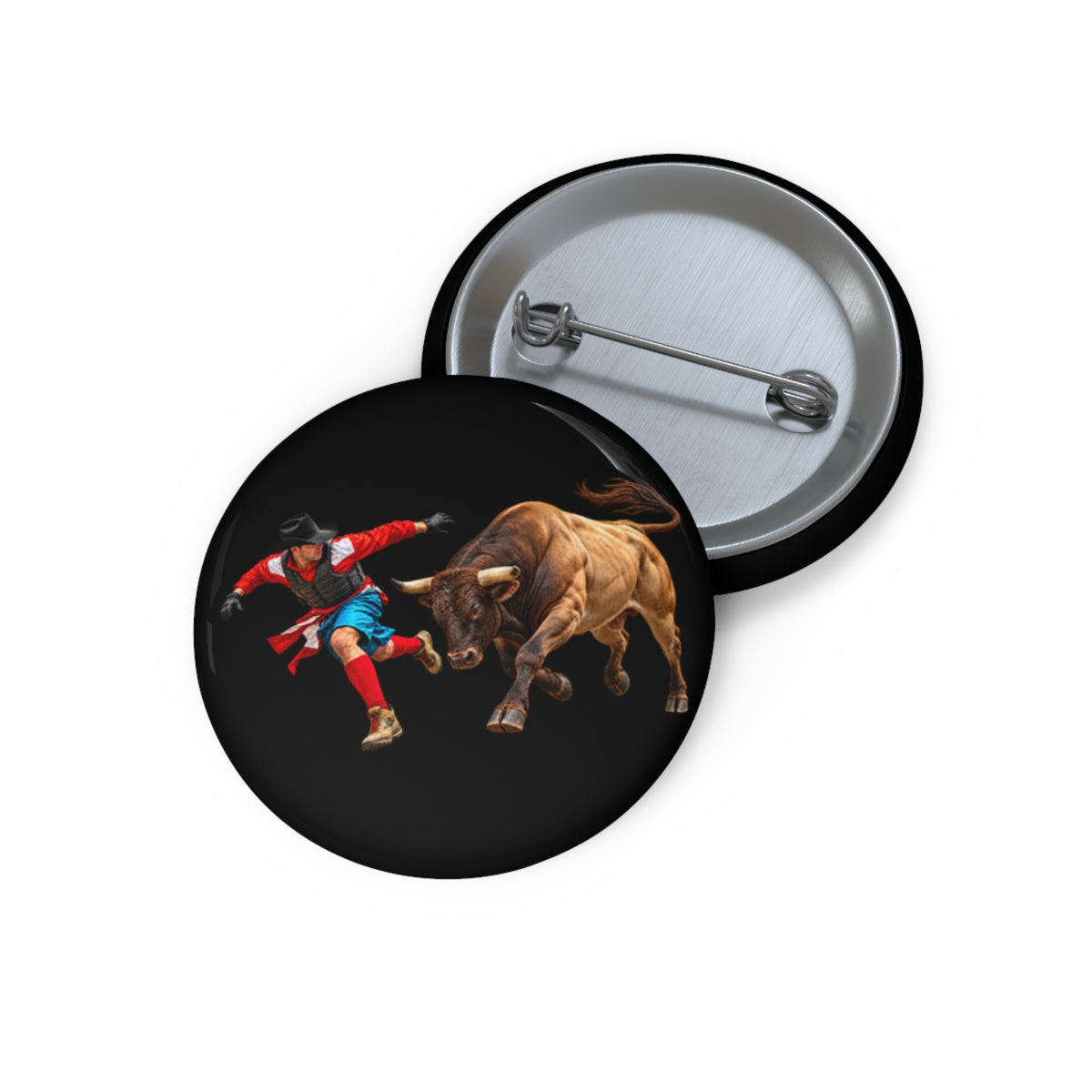 Custom Pin Buttons - Cowboys - Bull Chasing Clown - without Text - 3D Transparent