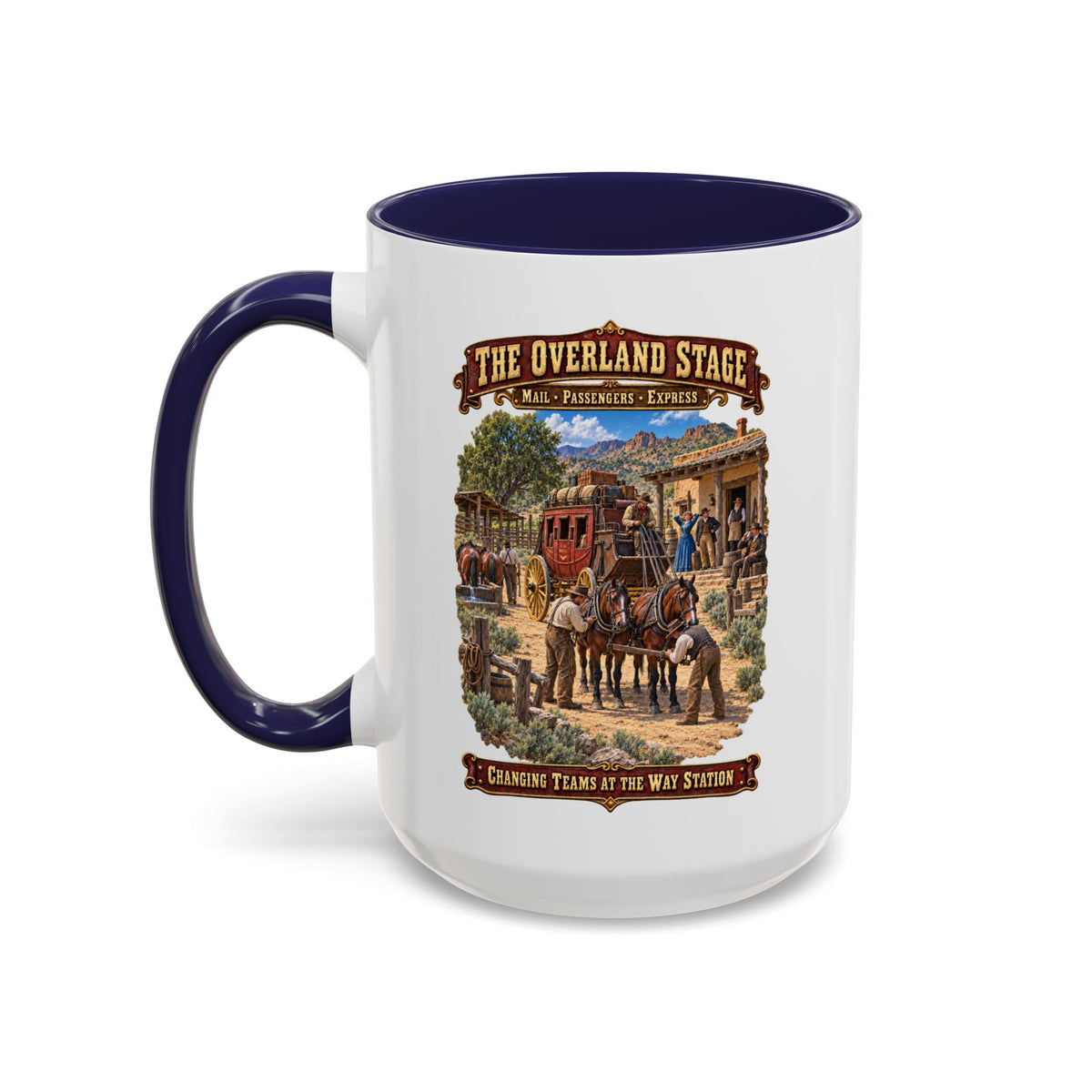 Accent Coffee Mug (11, 15oz) - Overland Stage - Changing Teams at the Way Station - 3D - Enhanced