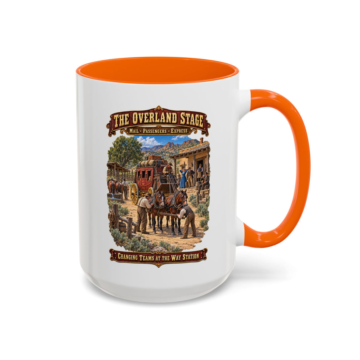 Accent Coffee Mug (11, 15oz) - Overland Stage - Changing Teams at the Way Station - 3D - Enhanced