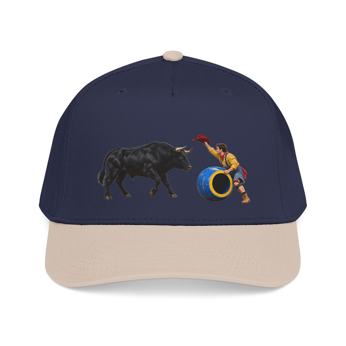 Mid Profile Baseball Cap — Cowboys - Clown Teasing Bull, Barrel - 3D Transparent