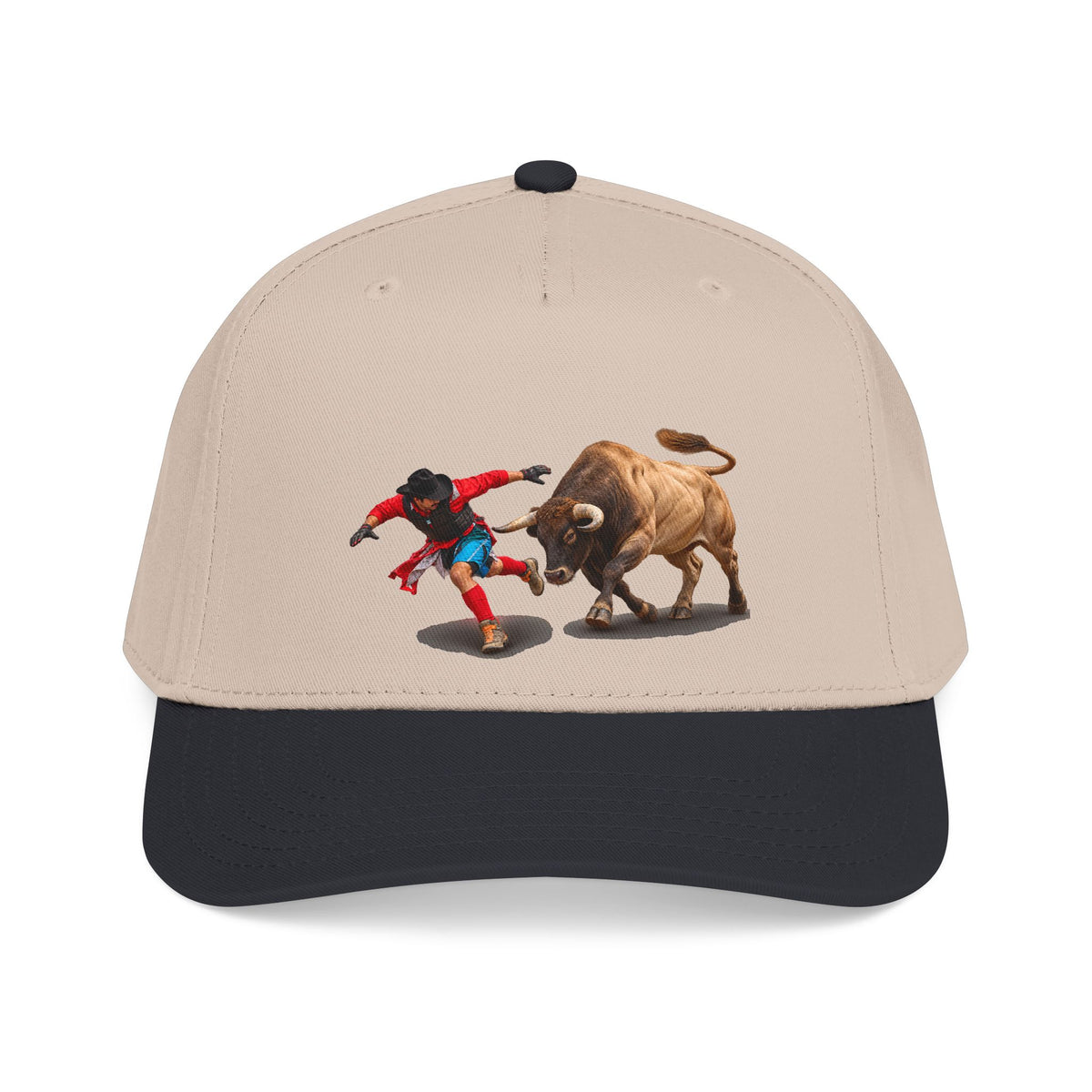 Mid Profile Baseball Cap — Cowboys - Bull Chasing Clown - Ground Shadow - without Text - 3D Transparent