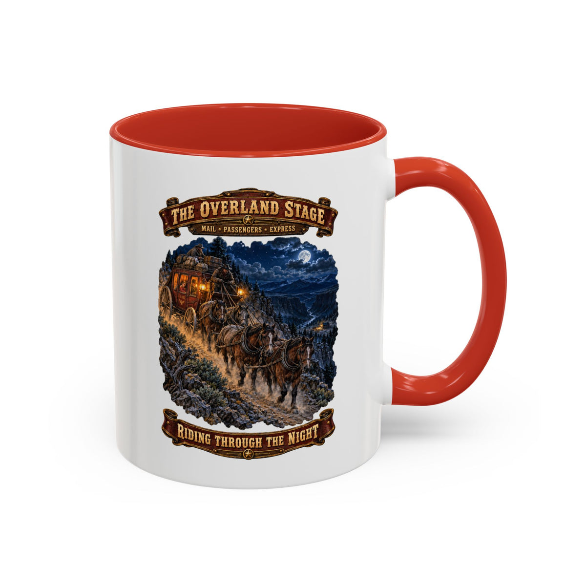 Accent Coffee Mug (11, 15oz) - Overland Stage - Robbers on the Trail - 3D - Enhanced