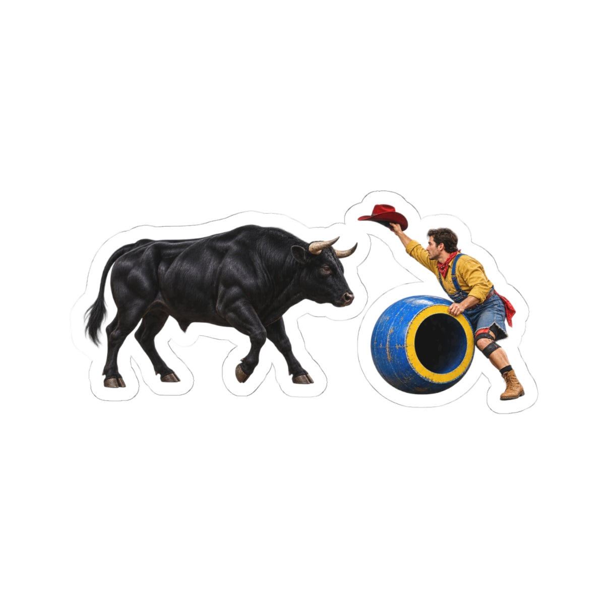 Kiss-Cut Stickers - Cowboys - Clown Teasing Bull, Barrel - 3D Transparent