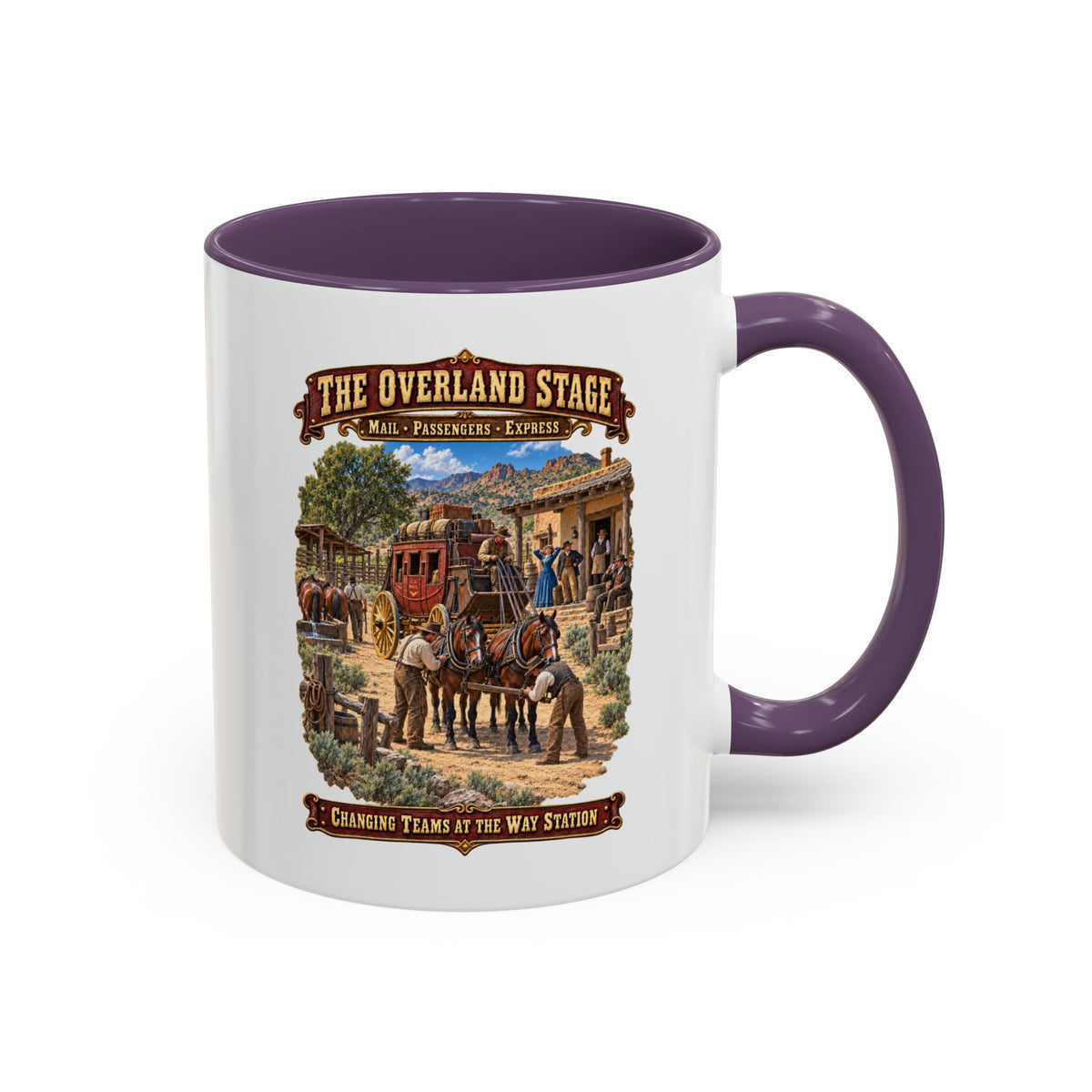 Accent Coffee Mug (11, 15oz) - Overland Stage - Changing Teams at the Way Station - 3D - Enhanced