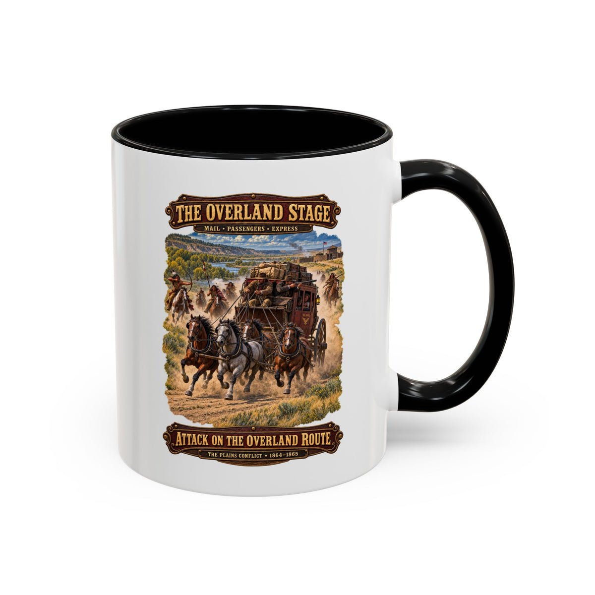 Accent Coffee Mug (11, 15oz) - Overland Stage - Indian Attack on the Trail - 3D - Enhanced