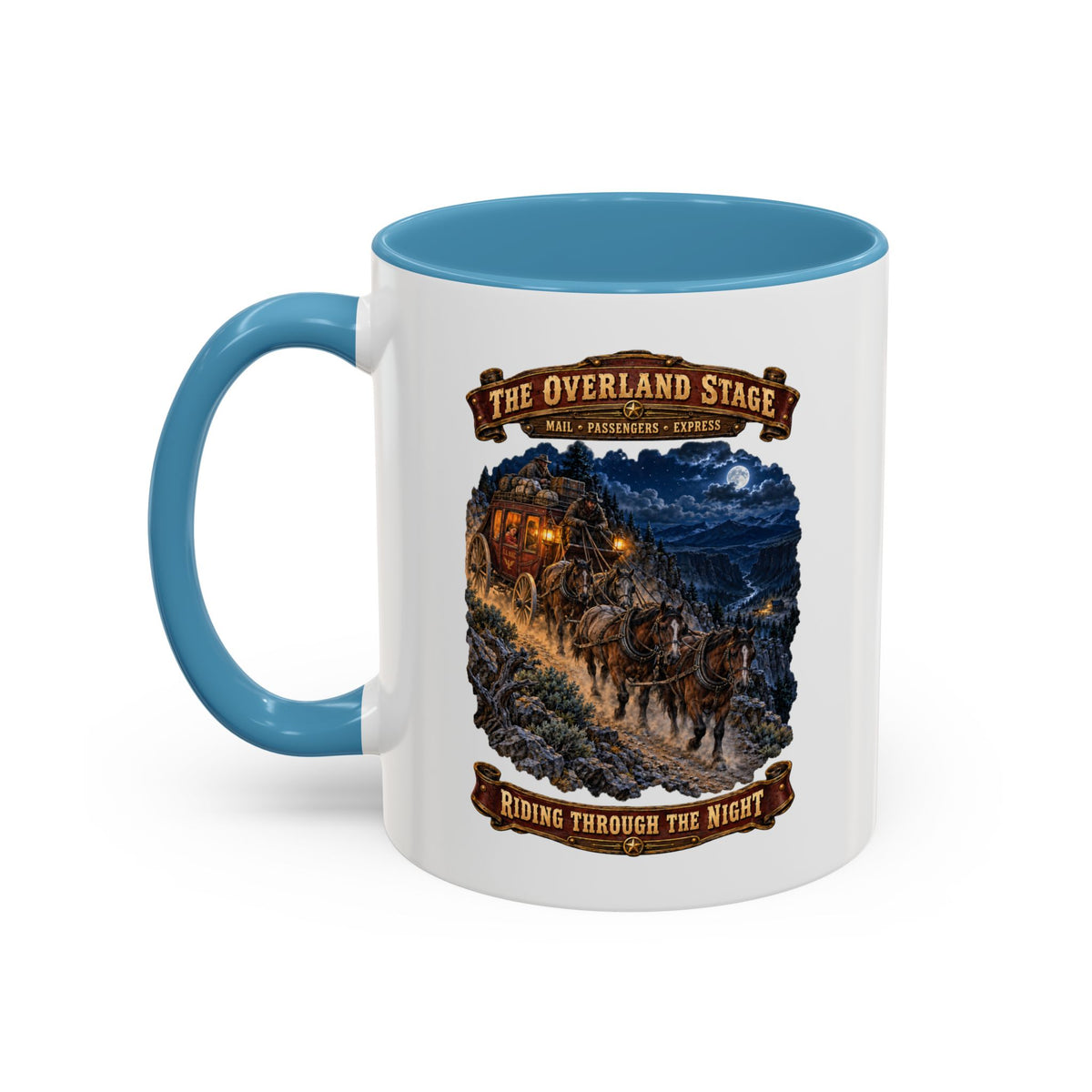 Accent Coffee Mug (11, 15oz) - Overland Stage - Robbers on the Trail - 3D - Enhanced