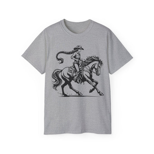 Unisex Ultra Cotton Tee - Cowgirl Riding Horse - Windblown
