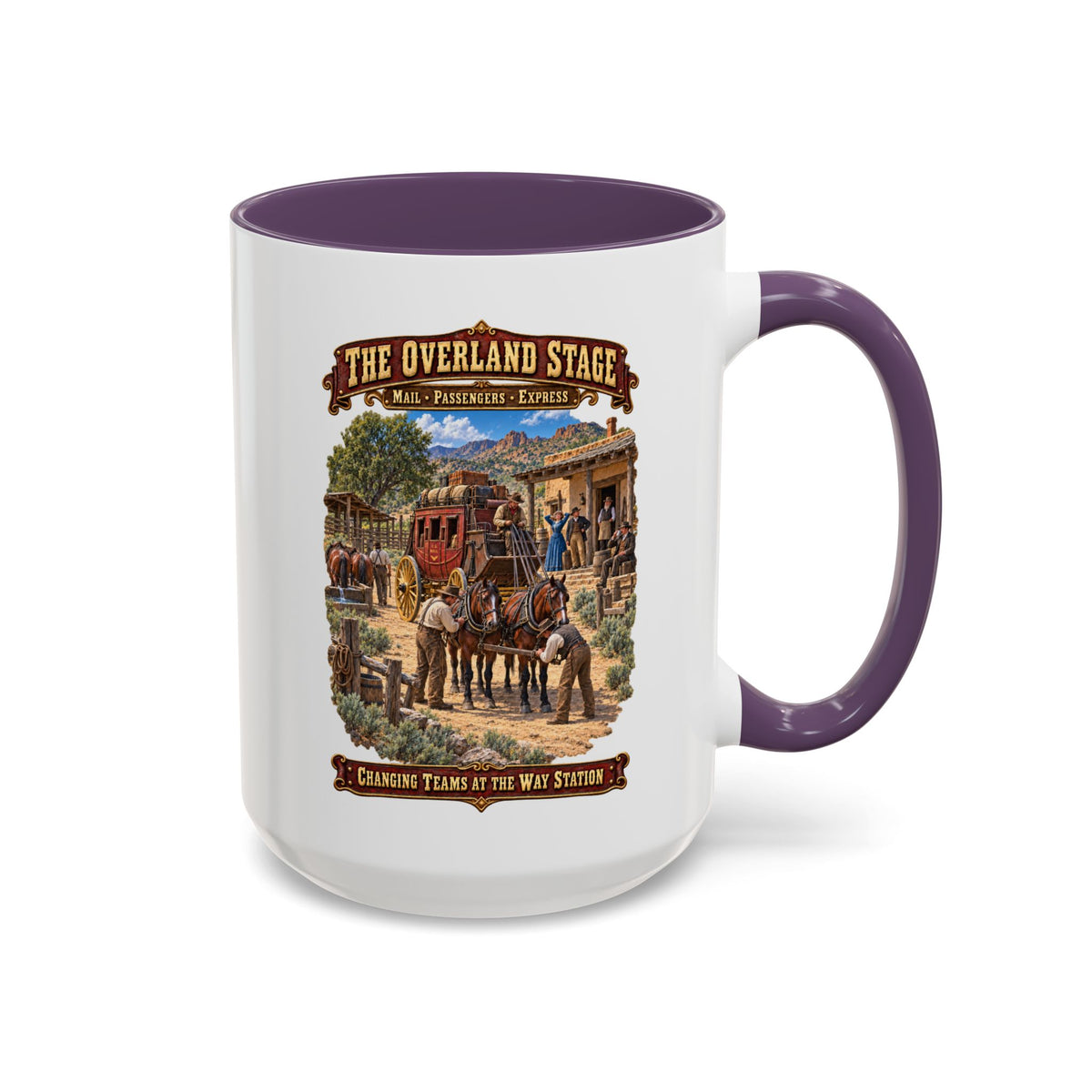 Accent Coffee Mug (11, 15oz) - Overland Stage - Changing Teams at the Way Station - 3D - Enhanced