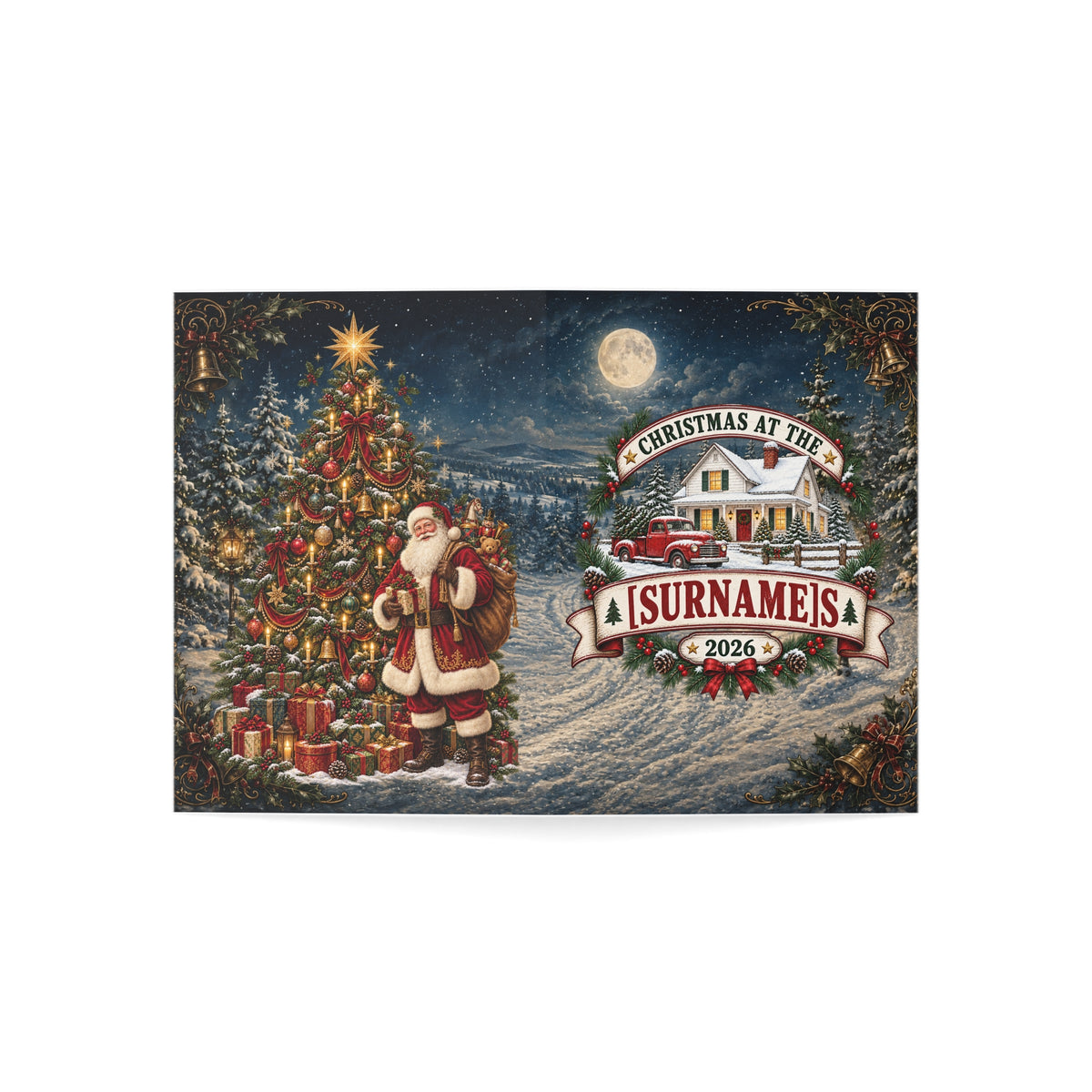Personalized Christmas Cottage with Vintage Truck Greeting Card | Holiday Card 2026