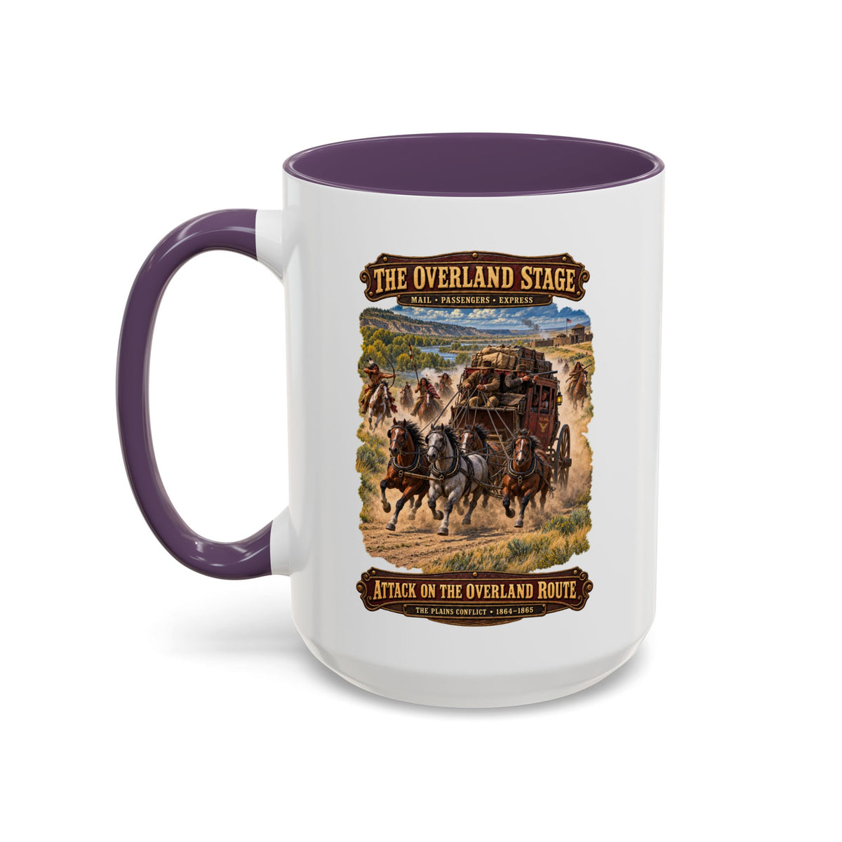 Accent Coffee Mug (11, 15oz) - Overland Stage - Indian Attack on the Trail - 3D - Enhanced