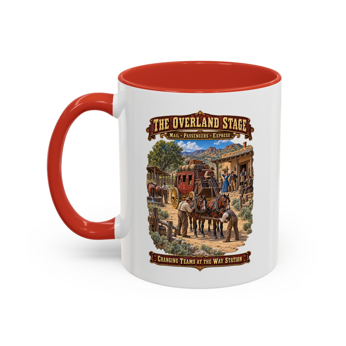 Accent Coffee Mug (11, 15oz) - Overland Stage - Changing Teams at the Way Station - 3D - Enhanced