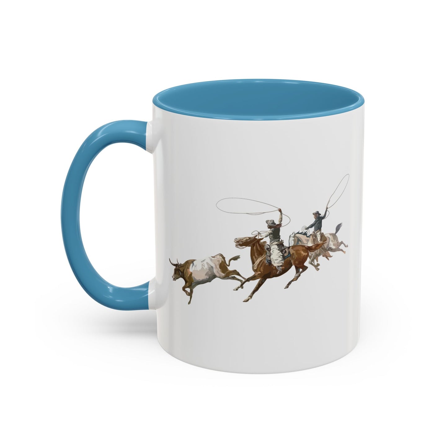 Accent Coffee Mug (11, 15oz) - 2 Cowboys Roping 1 Longhorn X 300