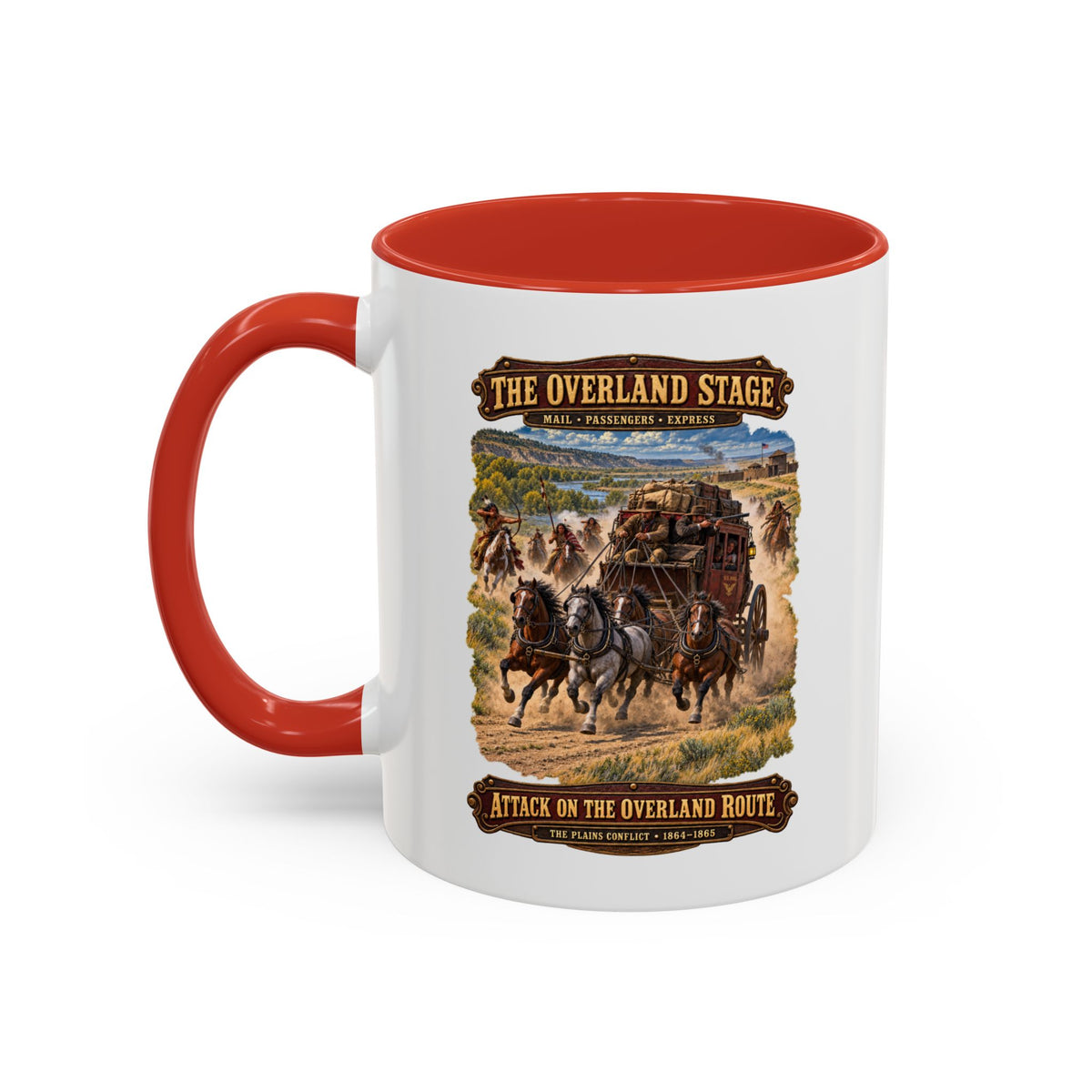 Accent Coffee Mug (11, 15oz) - Overland Stage - Indian Attack on the Trail - 3D - Enhanced