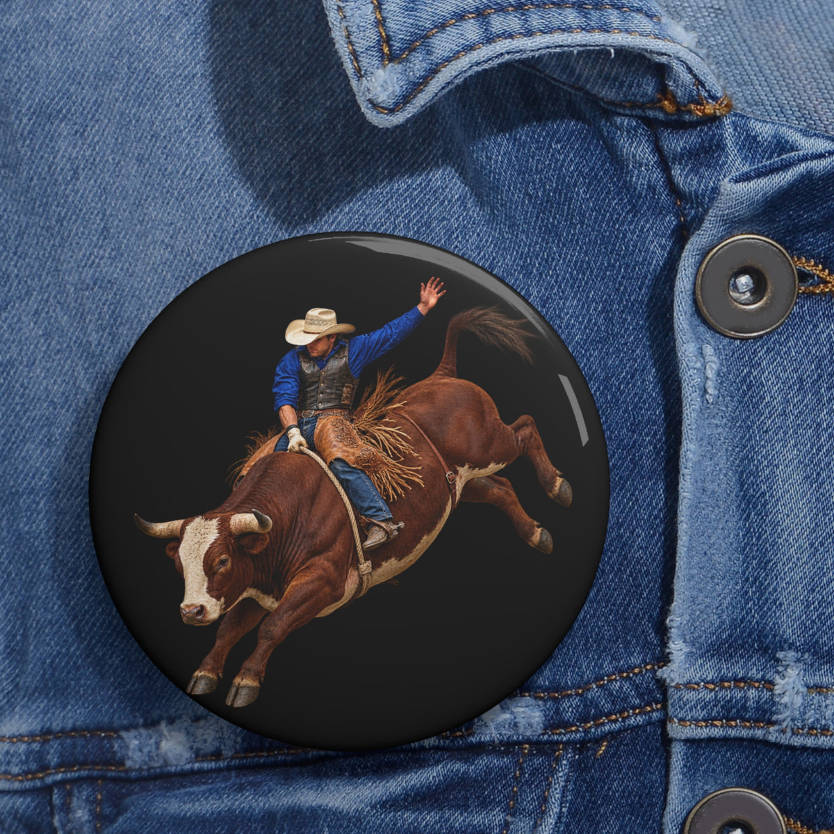 Custom Pin Buttons - Cowboys - Bull Rider - Mid Ride - without Text - 3D Transparent