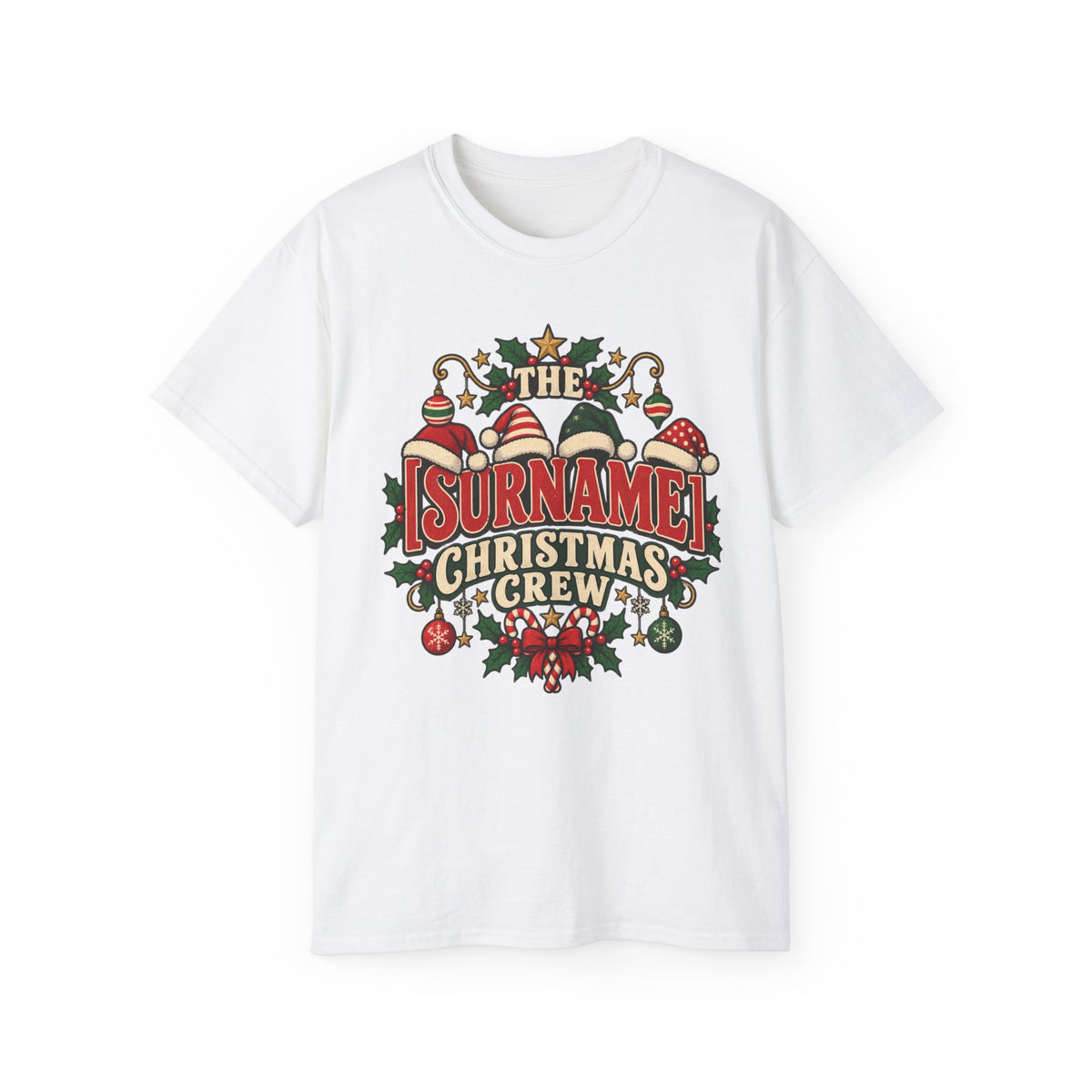Unisex Ultra Cotton Tee - Retro Christmas Crew Crest with Santa Hats - Free Customization