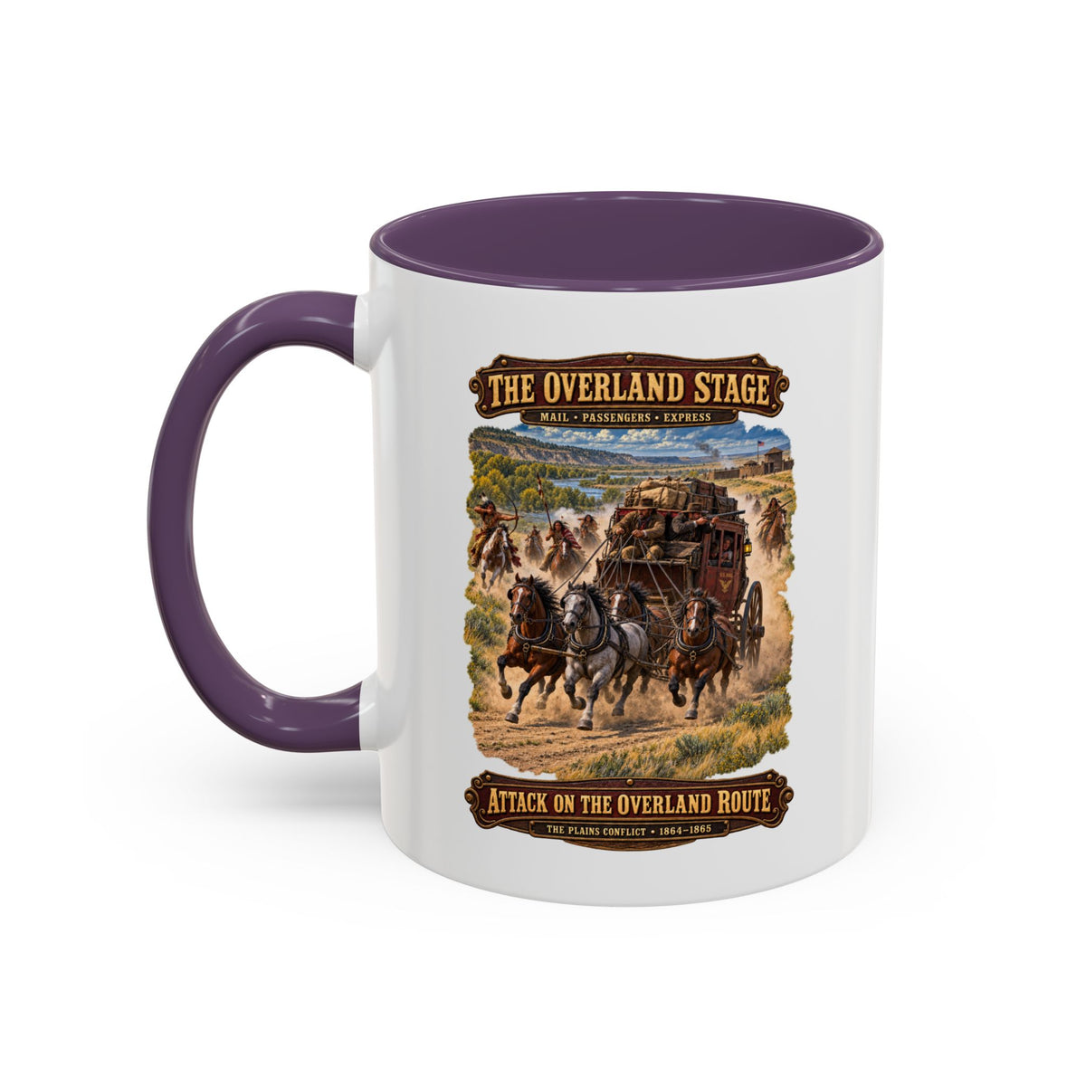 Accent Coffee Mug (11, 15oz) - Overland Stage - Indian Attack on the Trail - 3D - Enhanced
