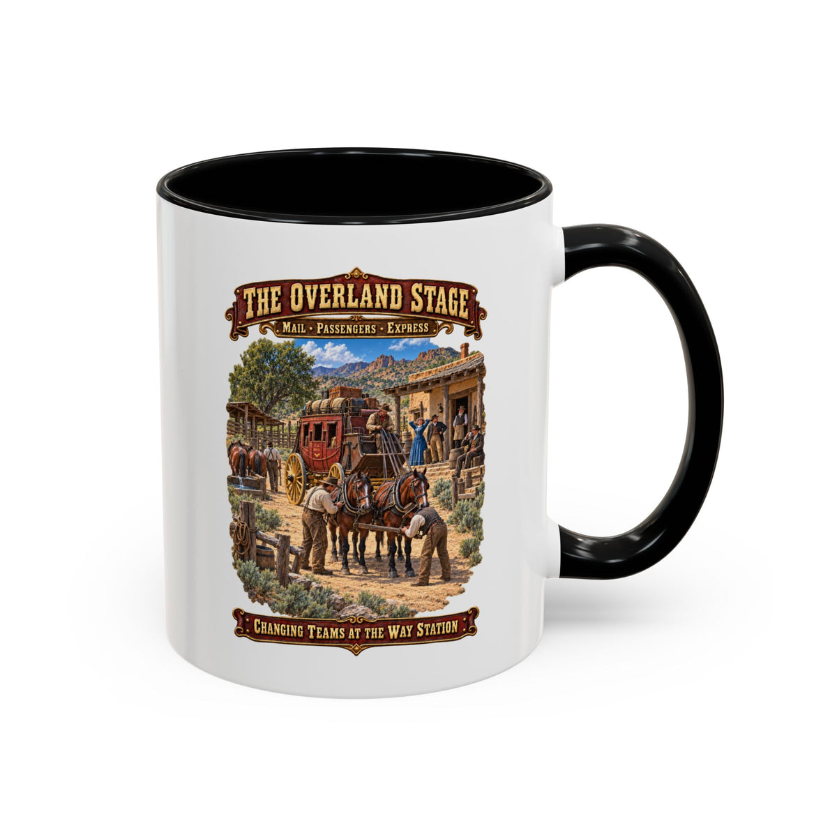 Accent Coffee Mug (11, 15oz) - Overland Stage - Changing Teams at the Way Station - 3D - Enhanced