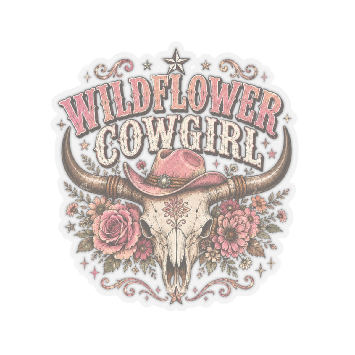 Kiss-Cut Sticker — Wildflower cowgirl with rustic charm