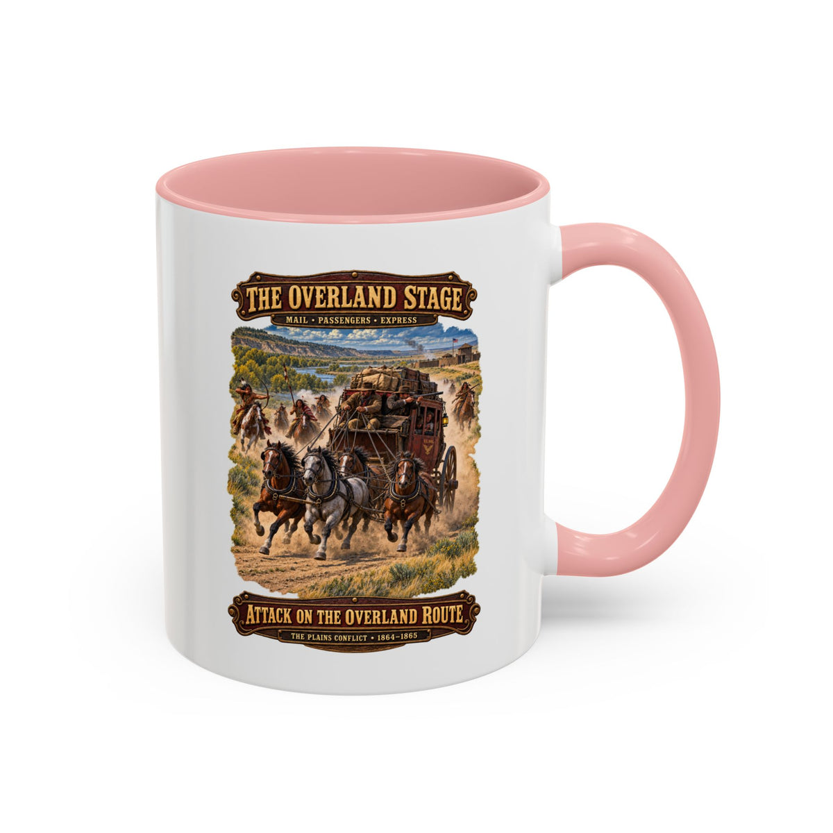 Accent Coffee Mug (11, 15oz) - Overland Stage - Indian Attack on the Trail - 3D - Enhanced