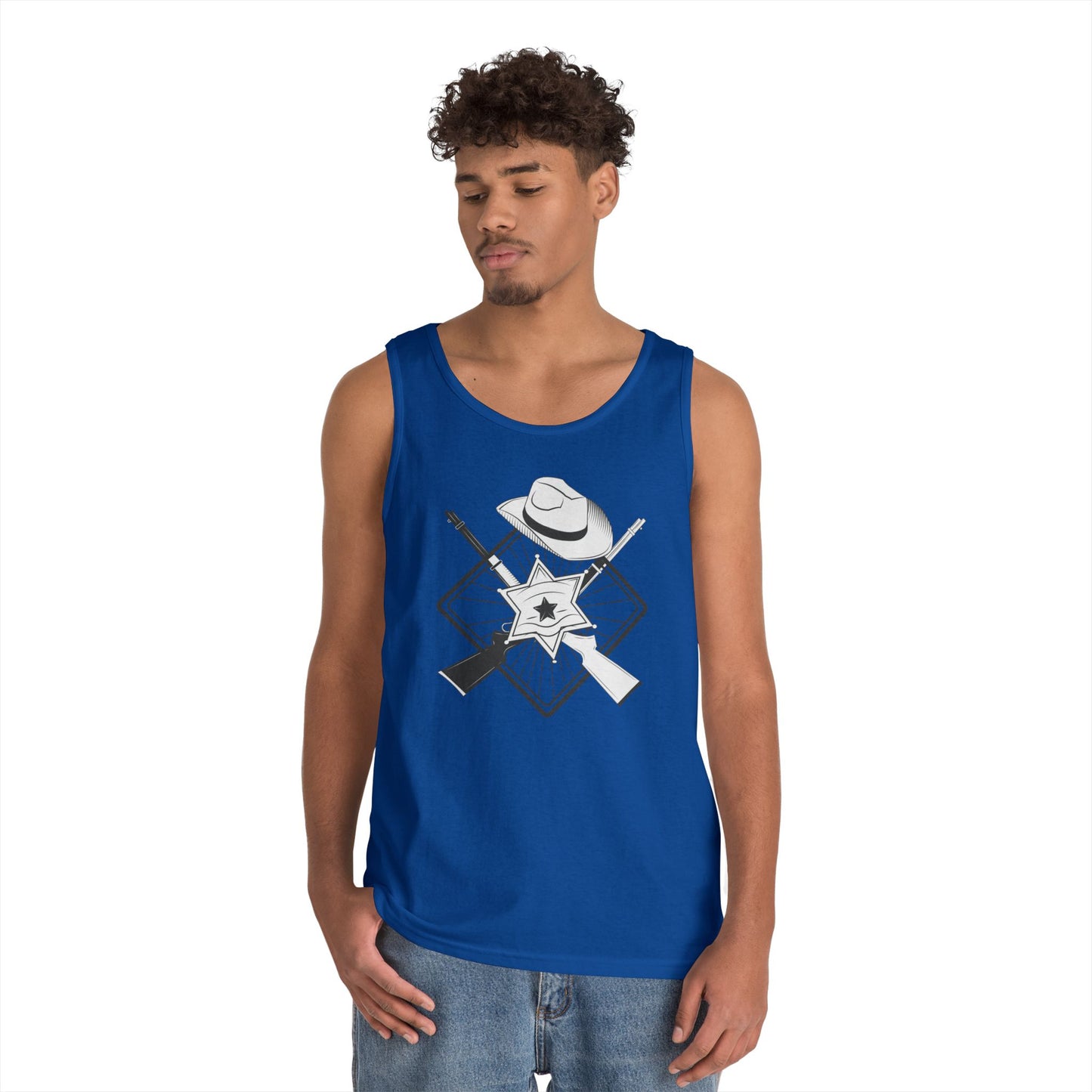 Unisex Heavy Cotton Tank Top - Vintage Cowboy w Rifles and Hat