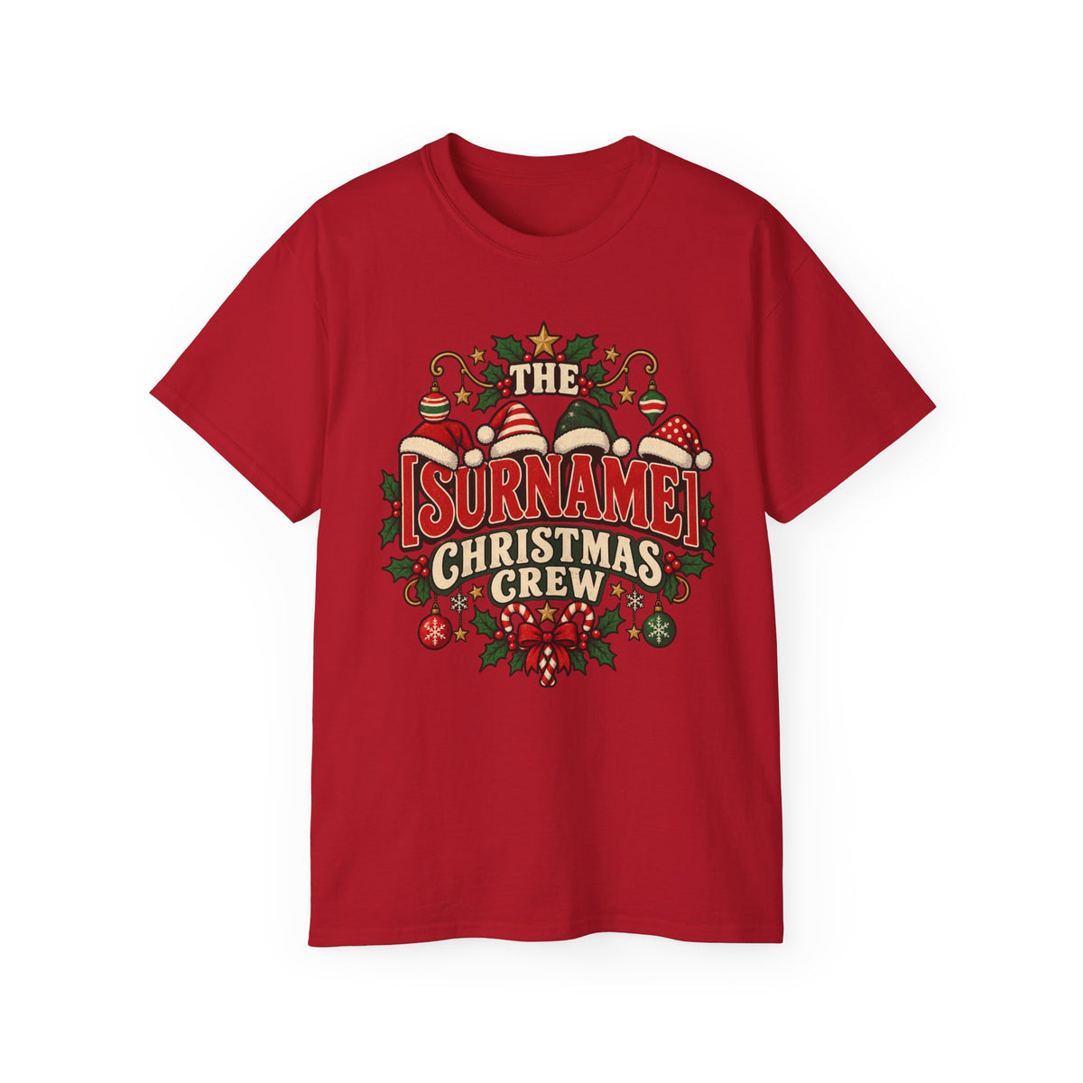 Unisex Ultra Cotton Tee - Retro Christmas Crew Crest with Santa Hats - Free Customization