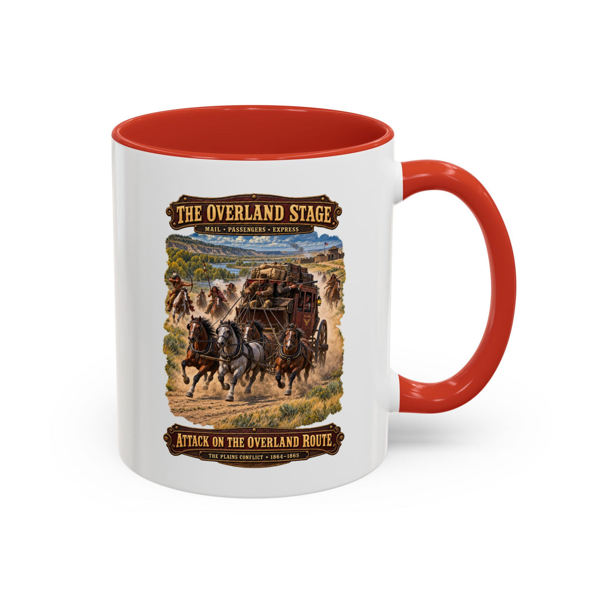 Accent Coffee Mug (11, 15oz) - Overland Stage - Indian Attack on the Trail - 3D - Enhanced