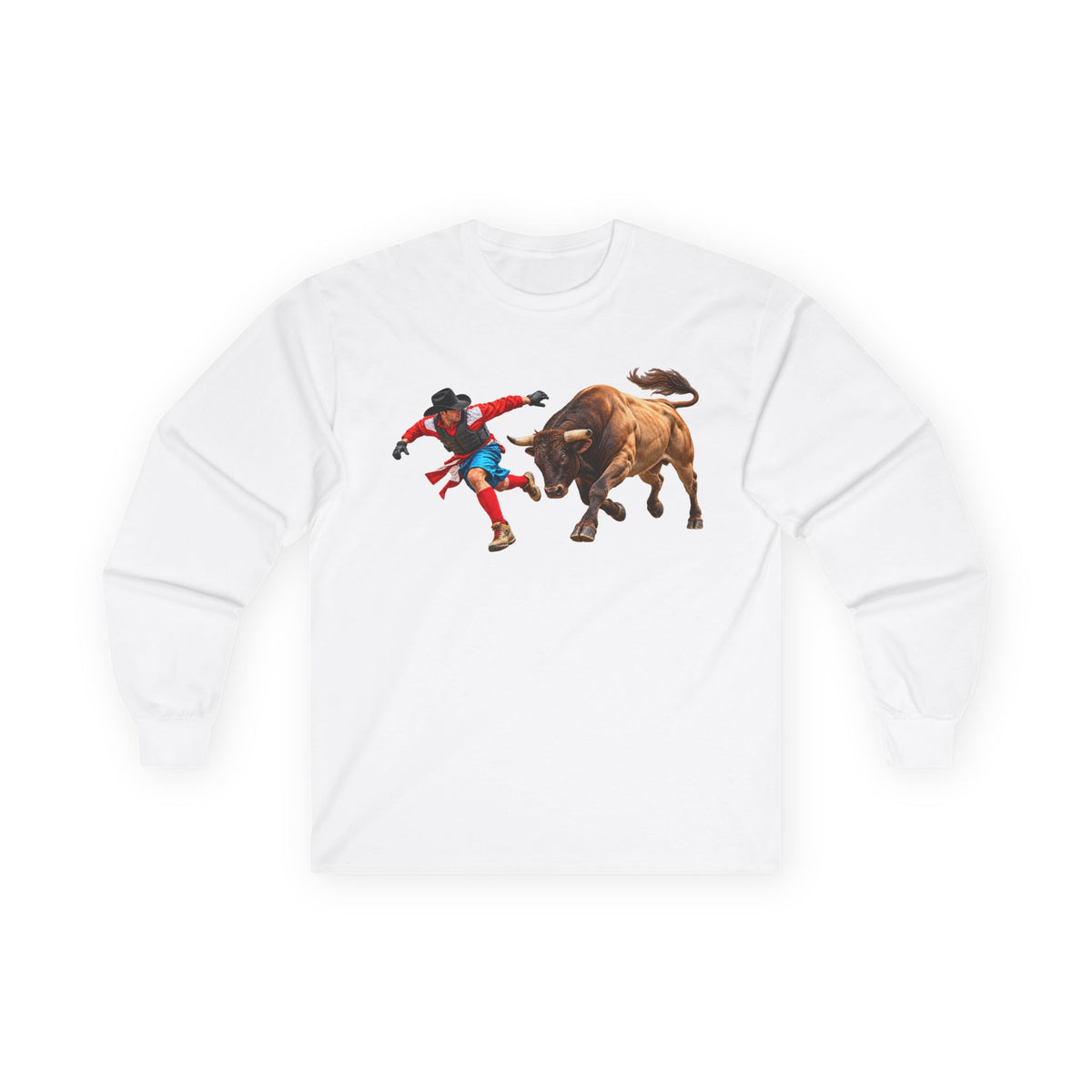 Unisex Ultra Cotton Long Sleeve Tee - Cowboys - Bull Chasing Clown - without Text - 3D Transparent