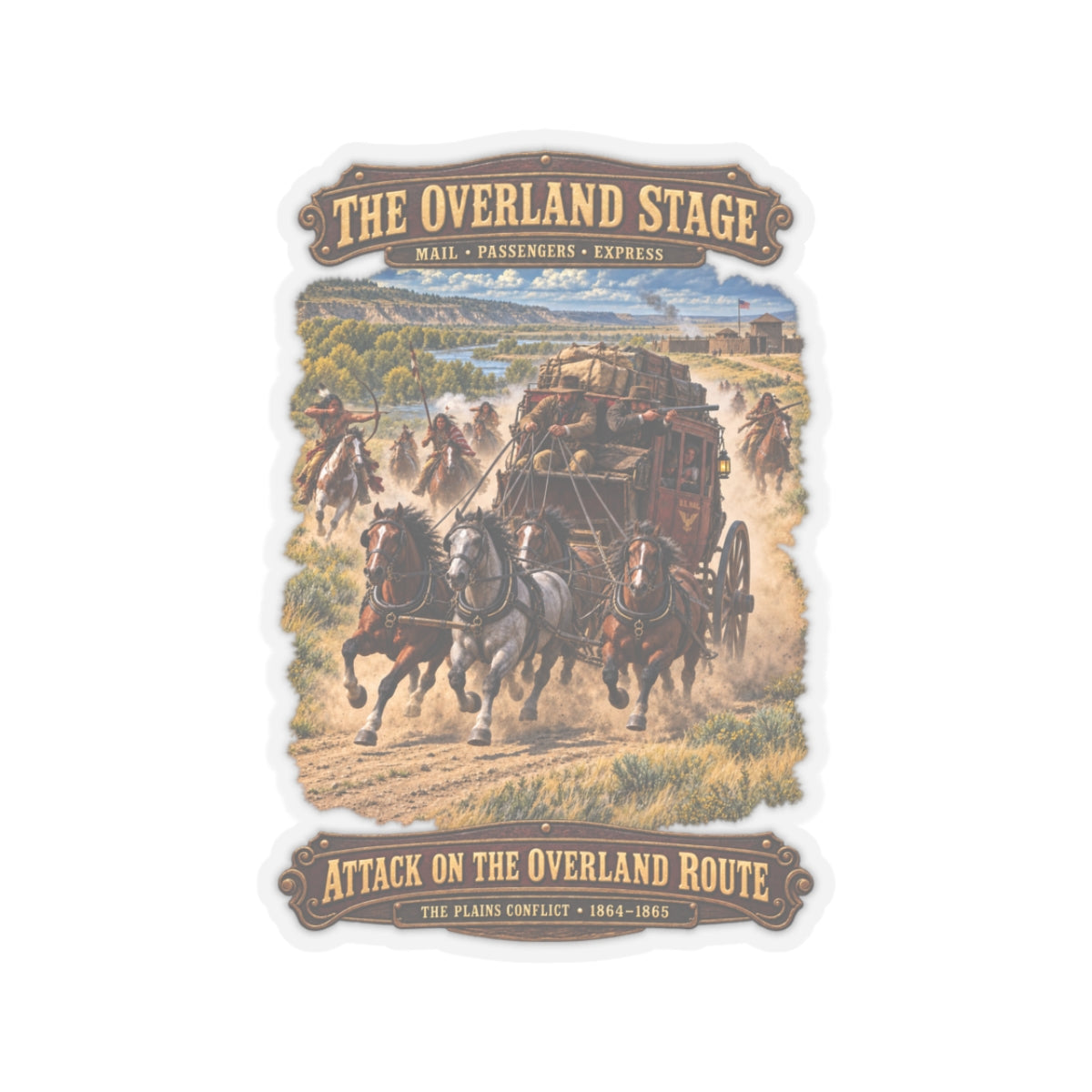 Kiss-Cut Sticker - Overland Stage - Indian Attack on the Trail - 3D - Enhanced